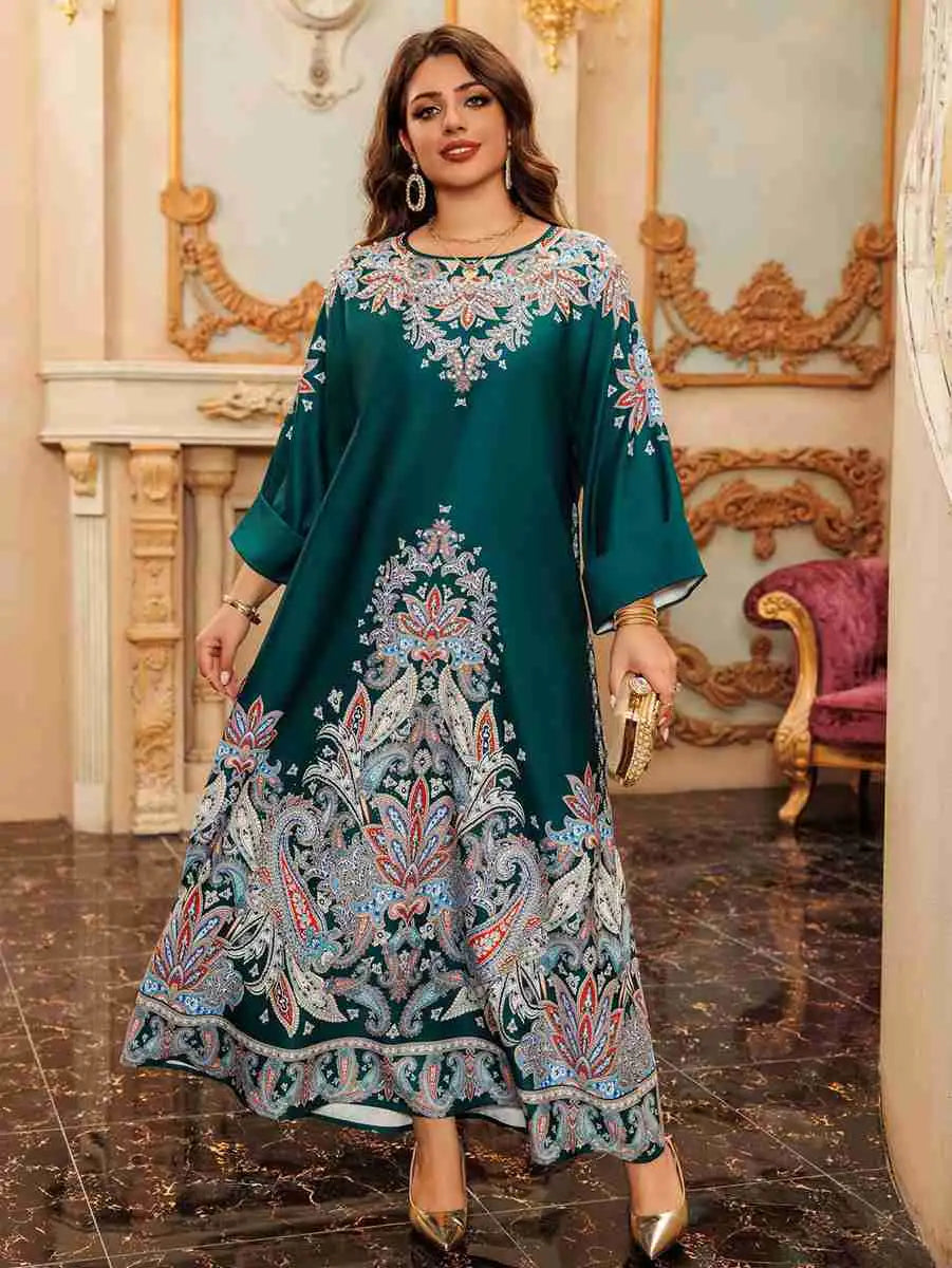Elegant Hotfix Rhinestone Printed Caftan Kaftan Dress for Women - Perfect for Eid Celebrations, Weddings & Special Occasions