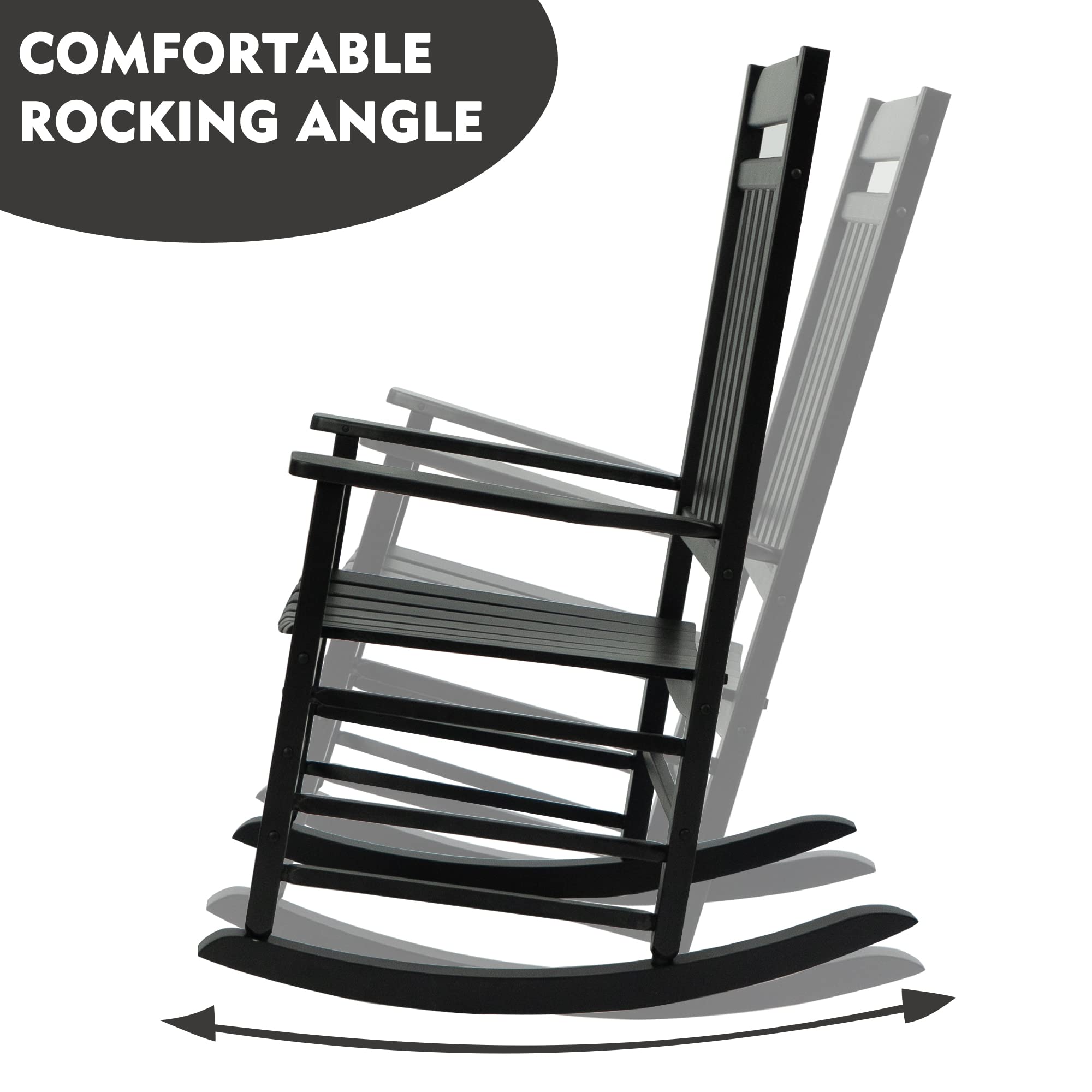 Kozyard Solid Wood High Back Slat Rocking Chair - Outdoor & Indoor Rocking Chair for Front Porch, Patio, Garden, or Living Room - Comfortable Black Wooden Rocker for Relaxation (Perfect for Reading, Sunbathing & Family Gatherings)