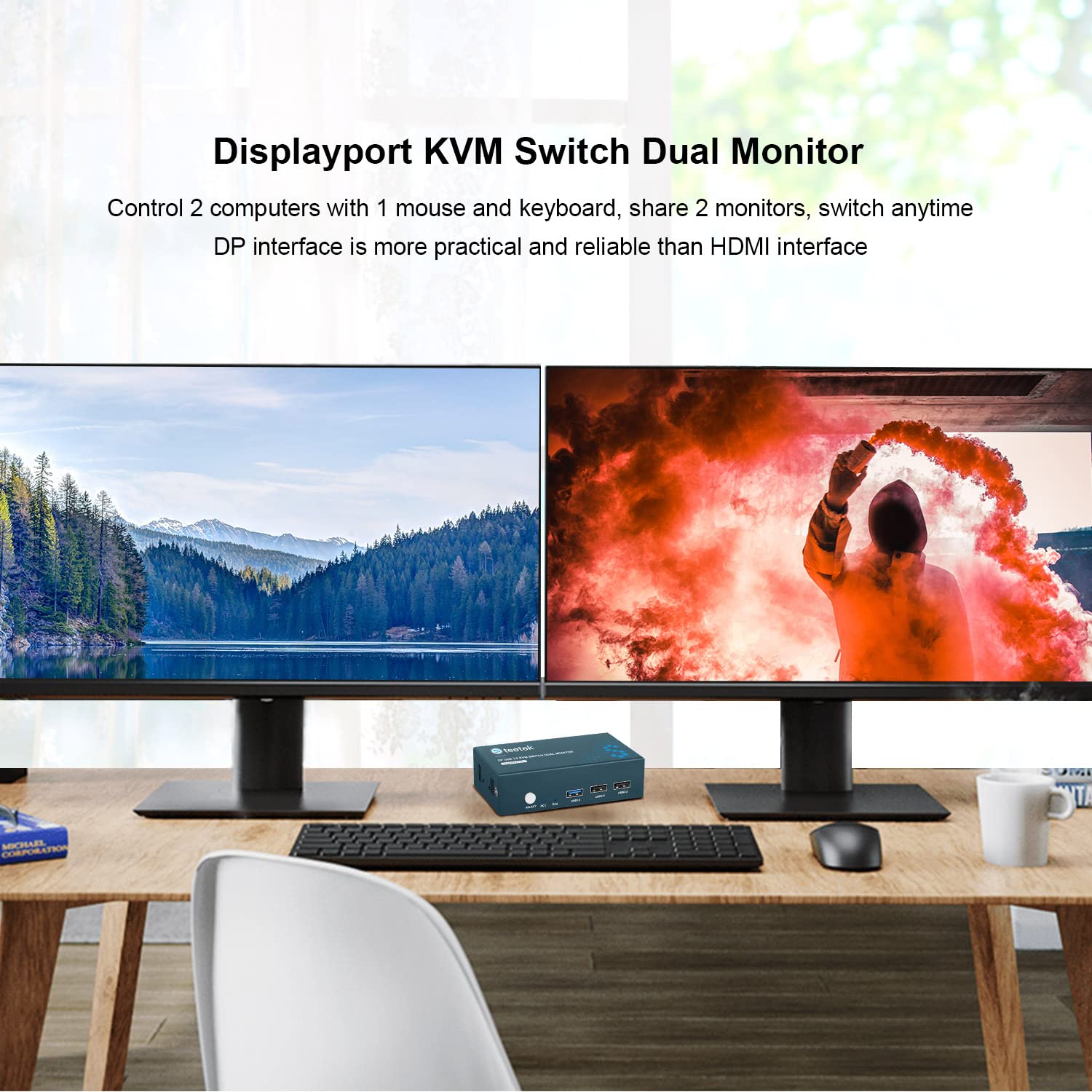 Dual Monitor DisplayPort KVM Switch 4K@60Hz - 2 Port DP KVM Switch for 2 Computers with USB 3.0 Hub | Button Control | Includes 4 DisplayPort & 2 USB 3.0 Cables | Perfect for Home Office, Gaming Setup & Multi-PC Workstations