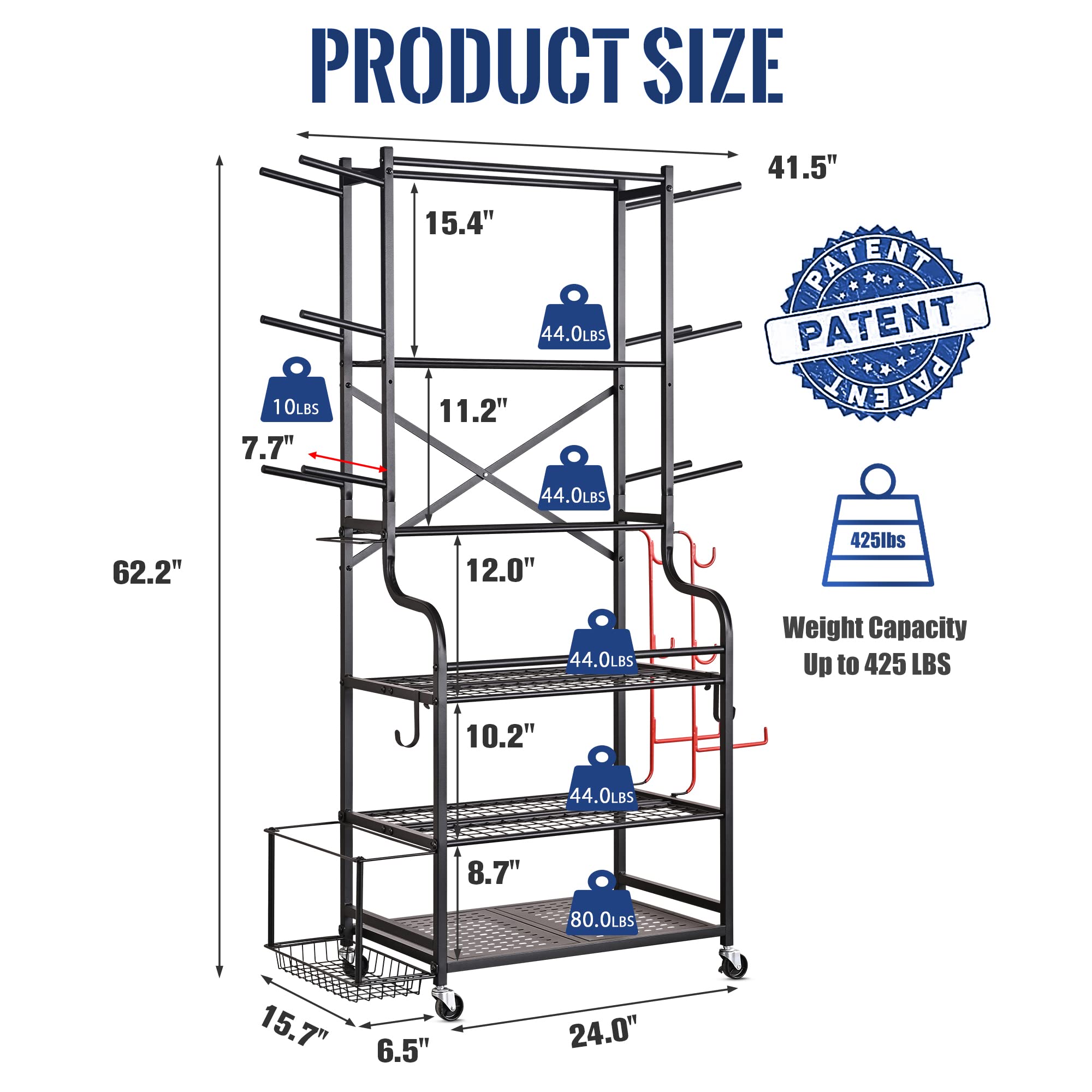 Mythinglogic Yoga Mat Storage Rack - Home Gym Organizer for Dumbbells, Kettlebells, Foam Rollers, Yoga Straps & Resistance Bands - Workout Equipment Storage with Hooks & Wheels - Perfect for Home Gym, Yoga Studio & Fitness Room Organization