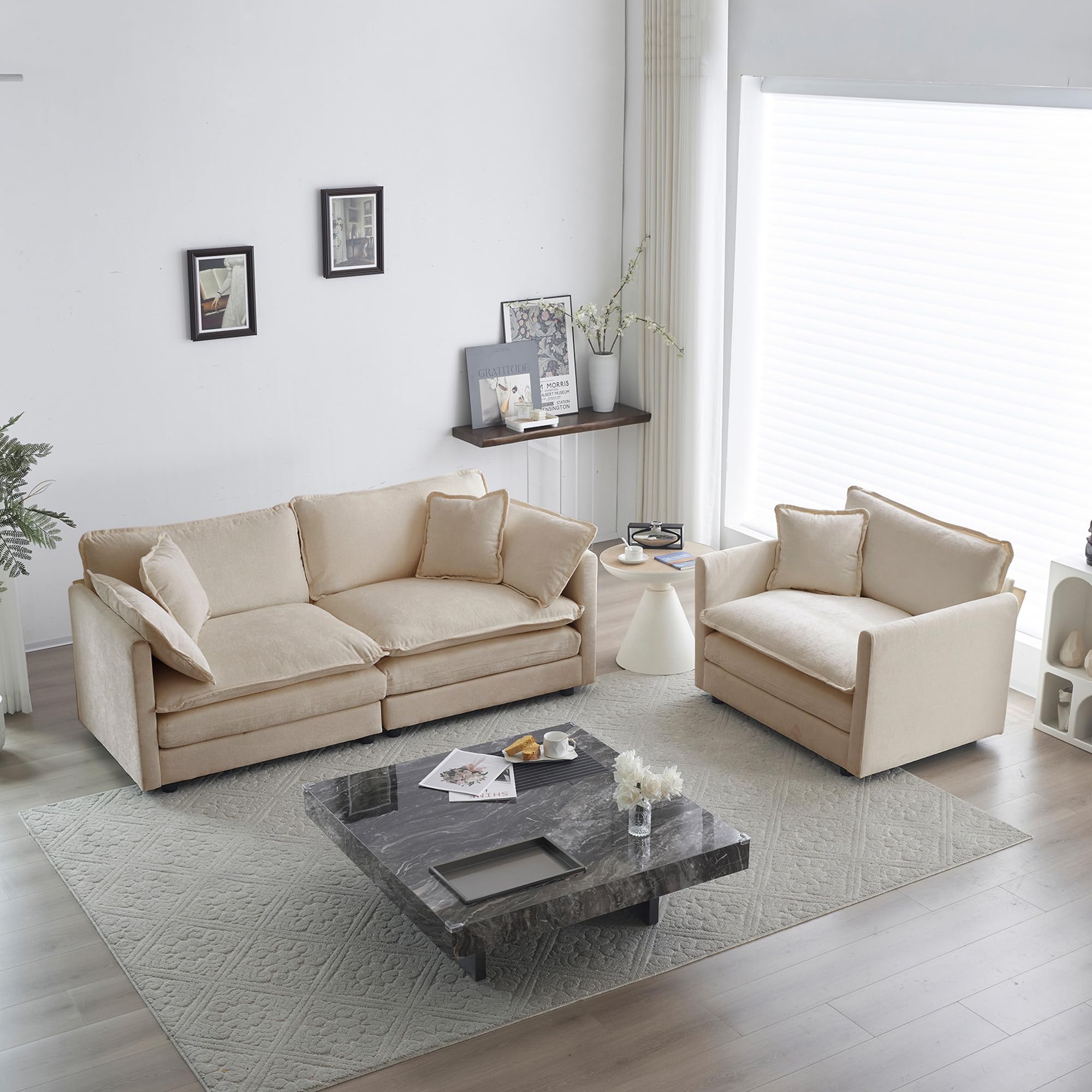 2-Piece Loveseat and Single Sofa Chair Set - Modern Chenille Cloud Couch Set for Living Room, Bedroom, Apartment & Office - Perfect for Small Spaces, Home Theater Seating and Guest Accommodation