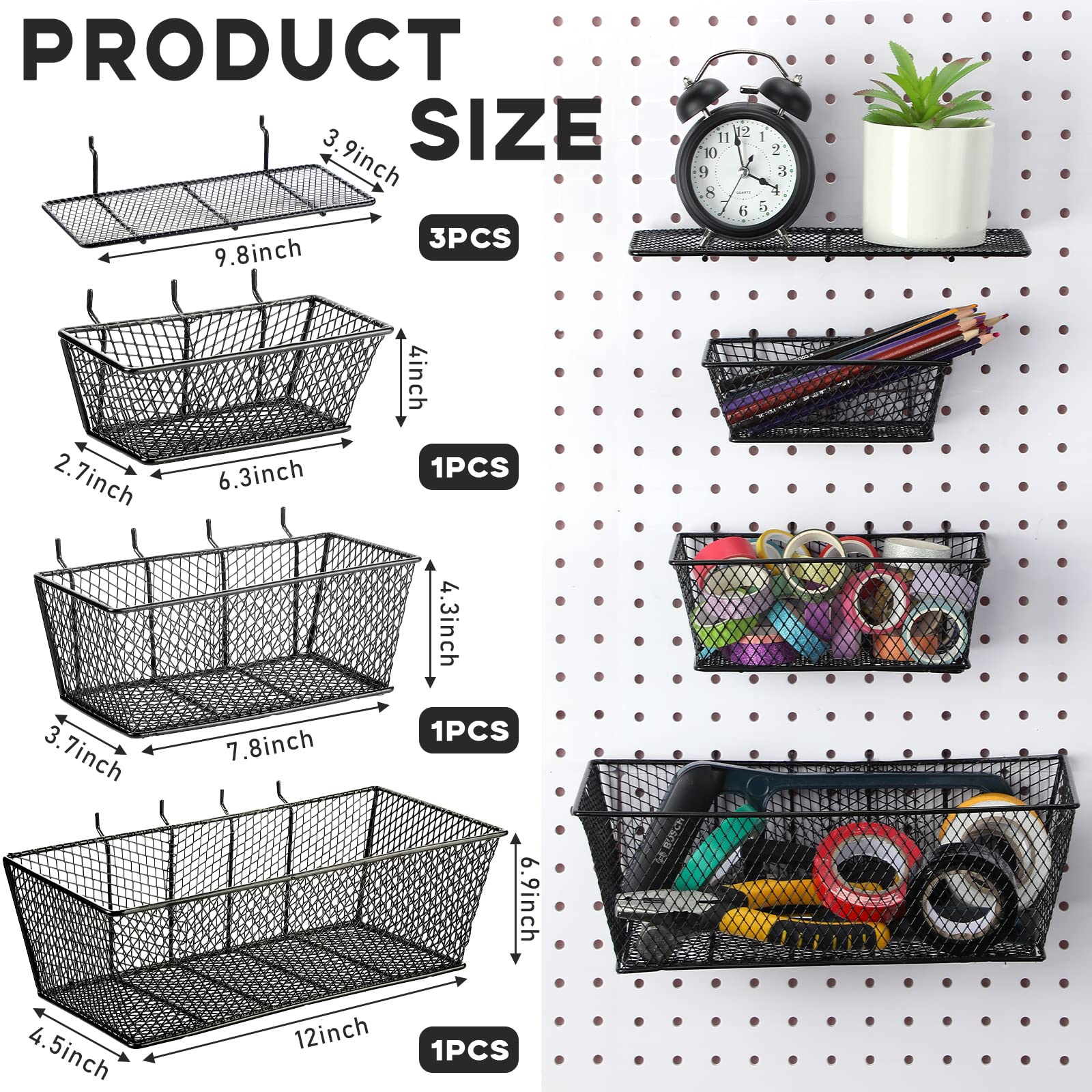 Sieral 6-Piece Pegboard Baskets Set - Wall Mount Organizer for Tools & Crafts (Black) - Perfect for Garage & Workshop Storage