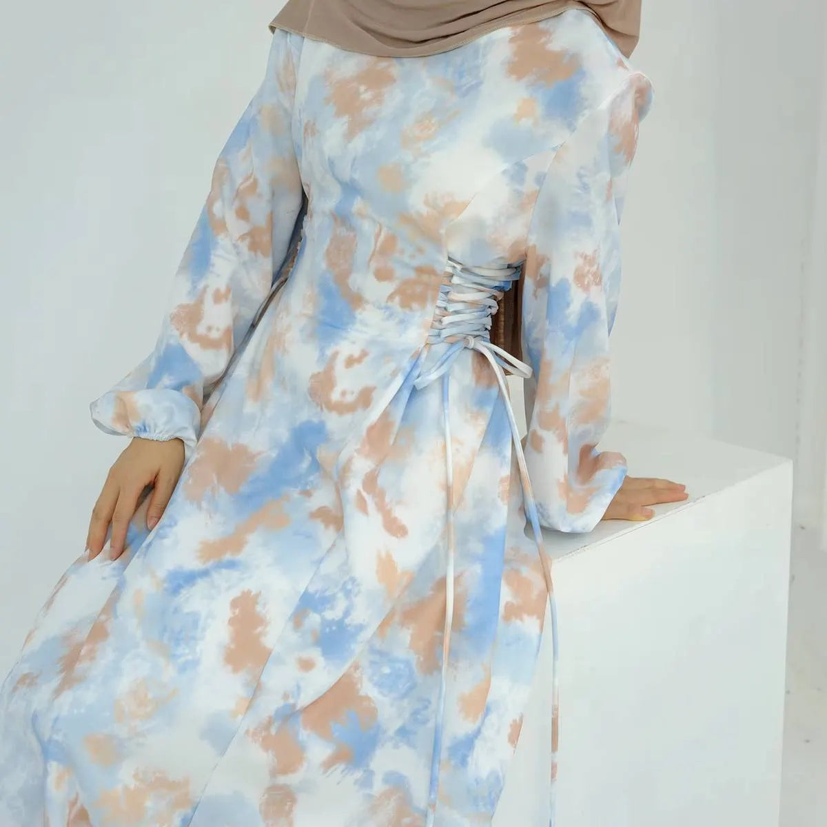 Elegant Satin Printed Abaya Dress for Women - Modest Islamic Fashion #24853 - Perfect for Prayer, Eid, and Special Occasions