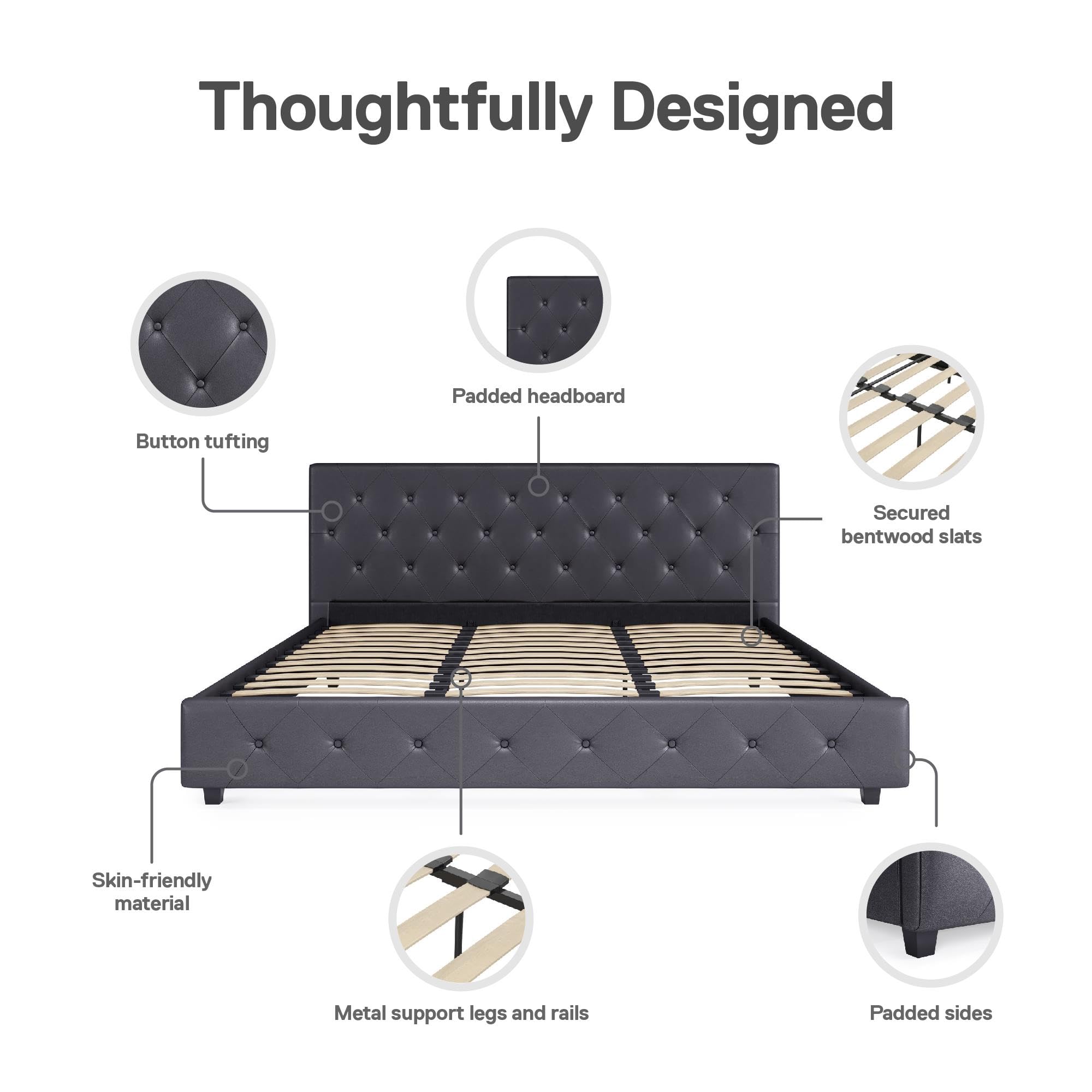 DHP Dakota King Size Upholstered Platform Bed with Diamond Button Tufted Headboard & Footboard - No Box Spring Needed - Gray Faux Leather - Perfect for Modern Bedrooms & Guest Rooms
