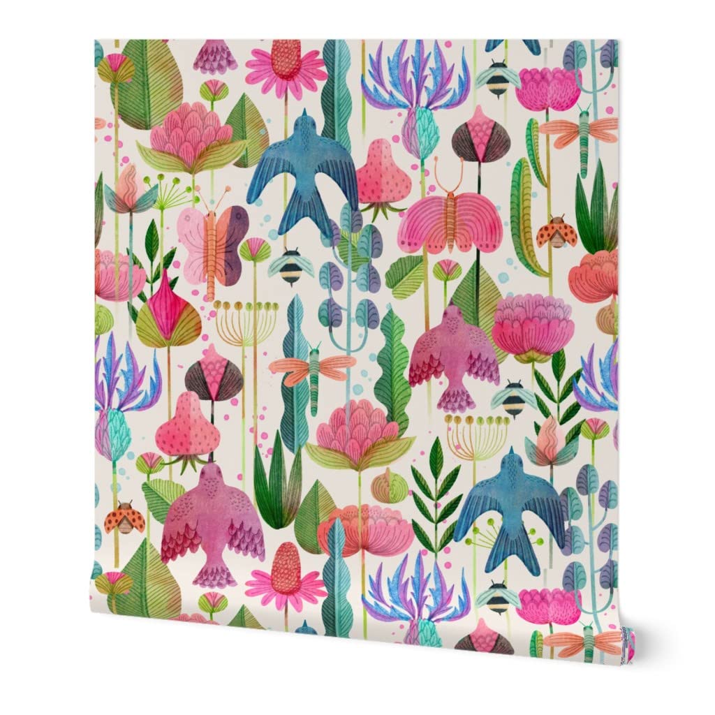 Peel & Stick Removable Wallpaper - 9ft x 2ft Floral Nature Design with Birds & Colorful Flowers | Self-Adhesive Wall Decal for Bedroom, Nursery, Living Room & Office Decor | Easy to Apply & Remove