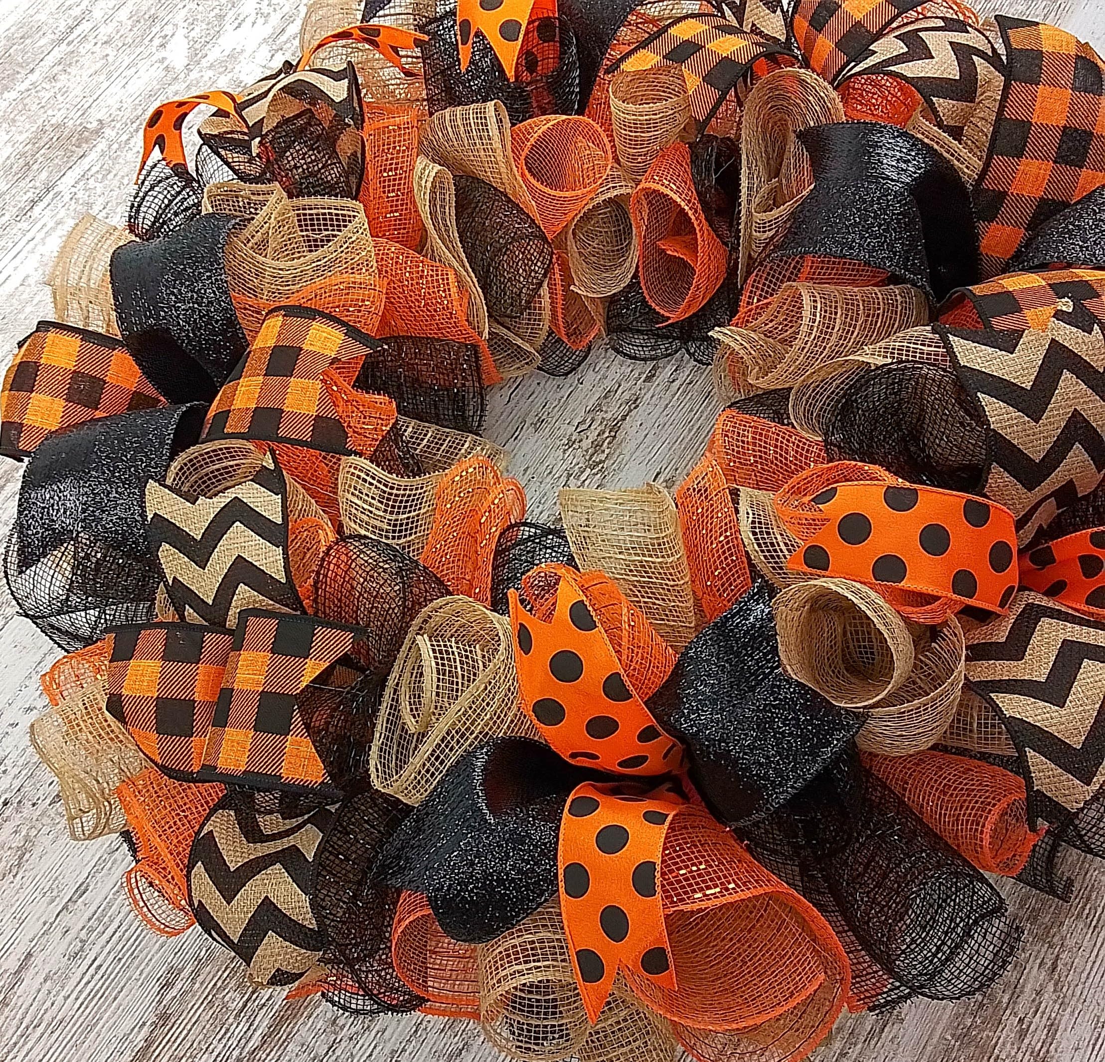 Halloween Office Decor - Black Burlap Orange Farmhouse Monogram Letter Wreath for Door | Spooky Welcome Sign for Halloween Party, Home & Office Decoration