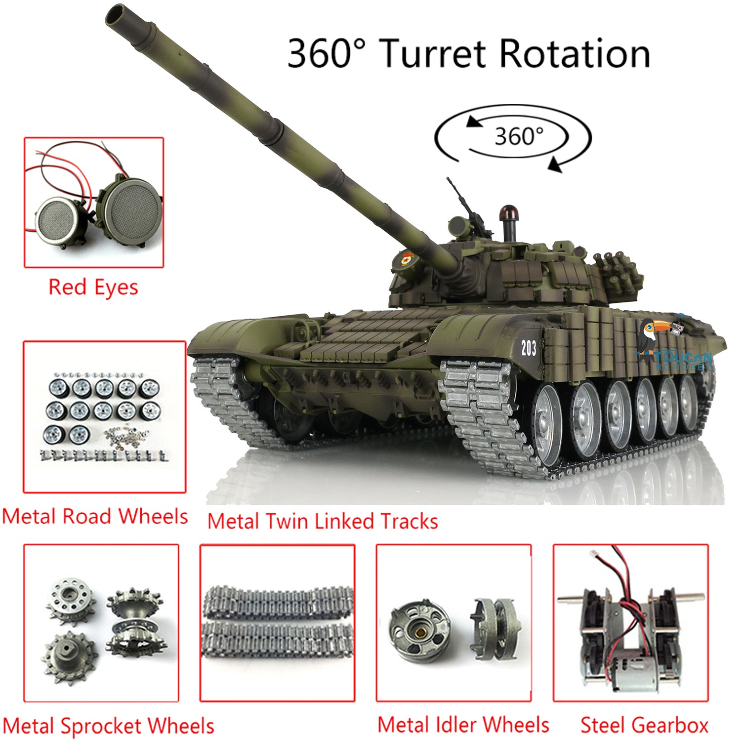 Heng Long 1:16 Scale T72 RC Tank - 360° Rotating Turret, Metal Tracks, Smoke Unit & Infrared Combat System | Remote Control Military Tank for Adults & Collectors | Battle Simulation & Display Model