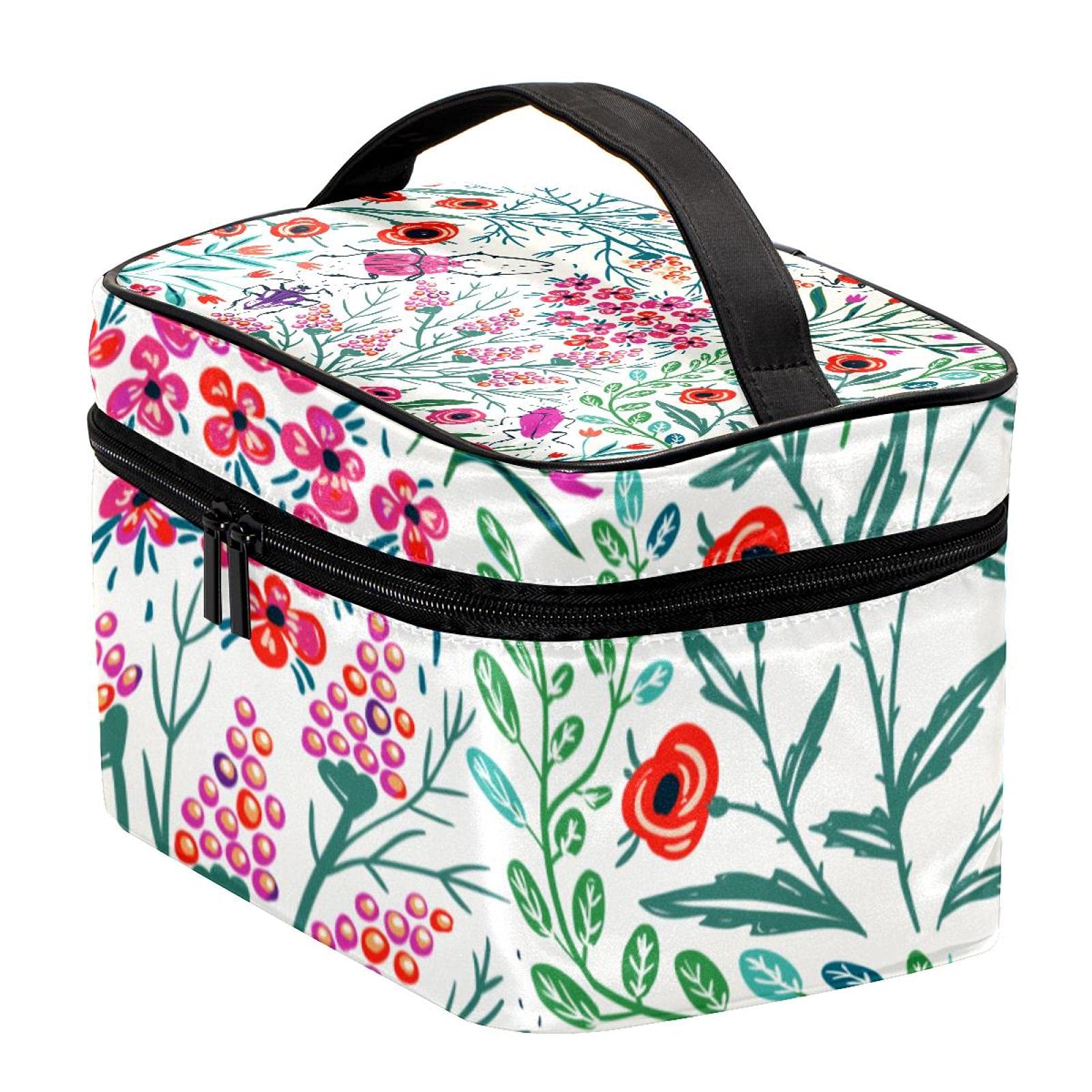 Floral & Insect Print Large Travel Makeup Bag - Waterproof Cosmetic Organizer with Zipper for Women & Girls | Perfect for Vacation, Gym, Beach & Daily Use