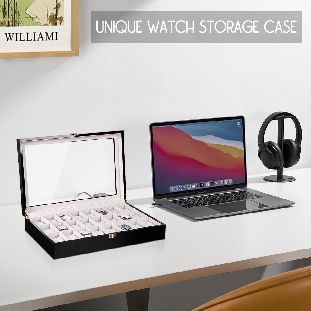 Premium 24-Slot Wooden Watch Display Case with Glass Top - Luxury Jewelry & Watch Storage Organizer for Men & Women (16.7