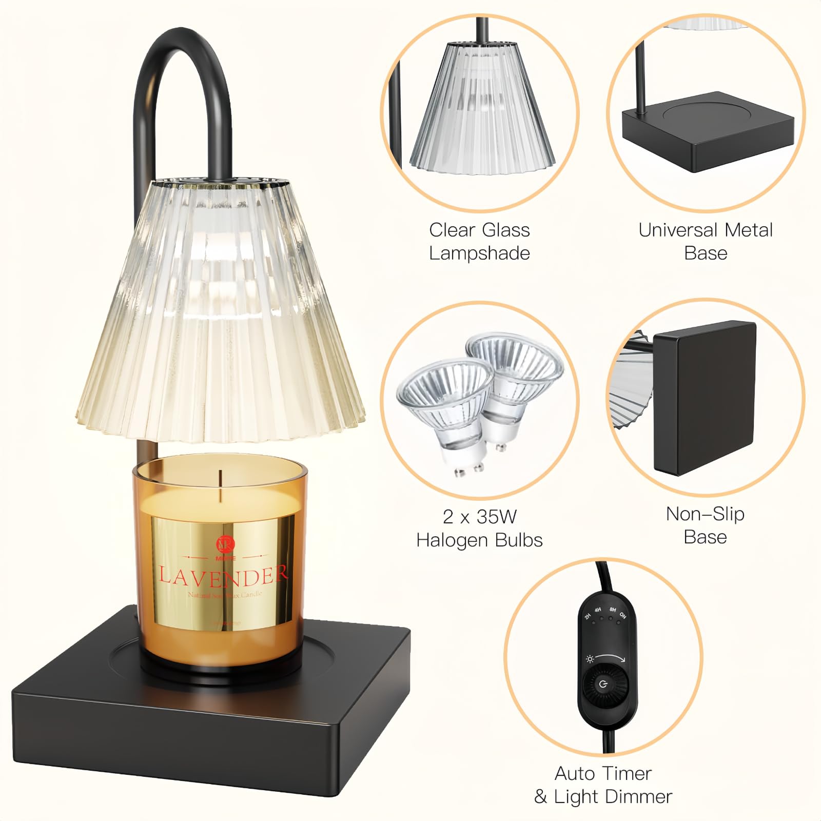 Electric Candle Warmer Lamp with 2 Bulbs & Dimmable Wax Melter - Adjustable Candle Heater for Small & Large Jars - Black Home Decor for Living Room, Bedroom & Office Aromatherapy