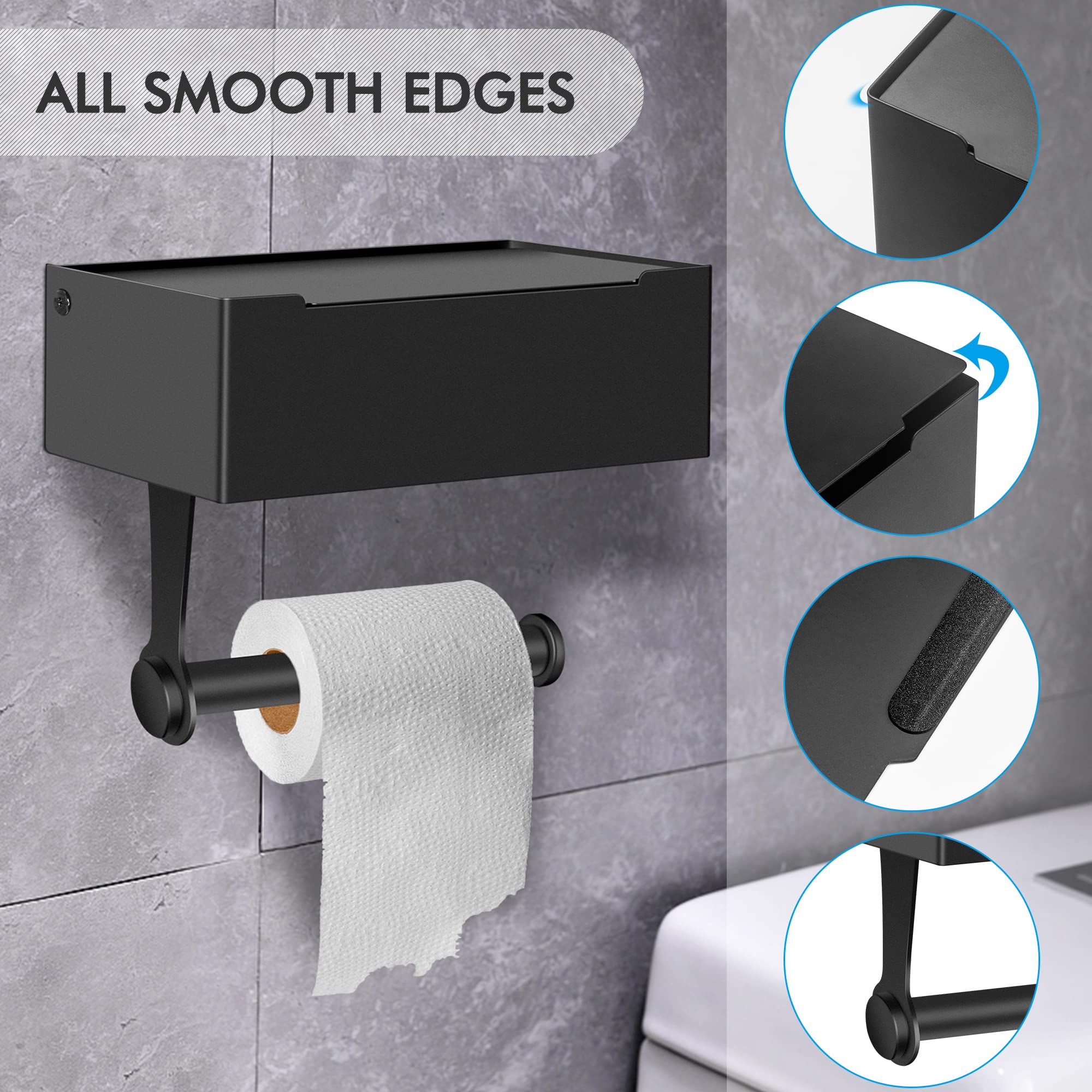 Matte Black Toilet Paper Holder with Storage Shelf - Wall Mount Bathroom Tissue Dispenser & Flushable Wipes Organizer - Space Saving Solution for Small Bathrooms, RVs and Powder Rooms