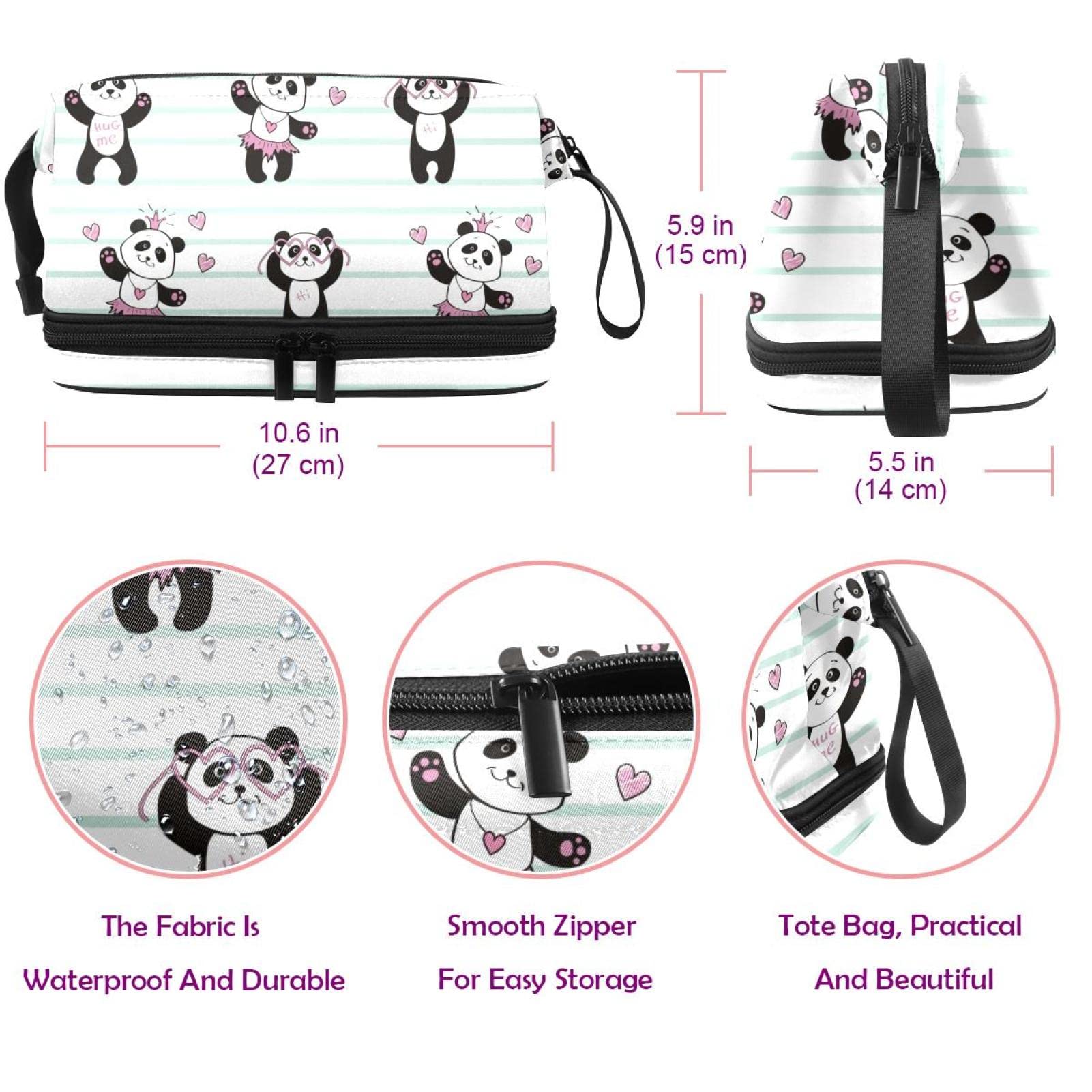 Panda Print Double Layer Makeup Bag for Women & Girls - Large Roomy Cosmetic Organizer with Zipper - Perfect for Travel, Gym, and Daily Toiletry Storage