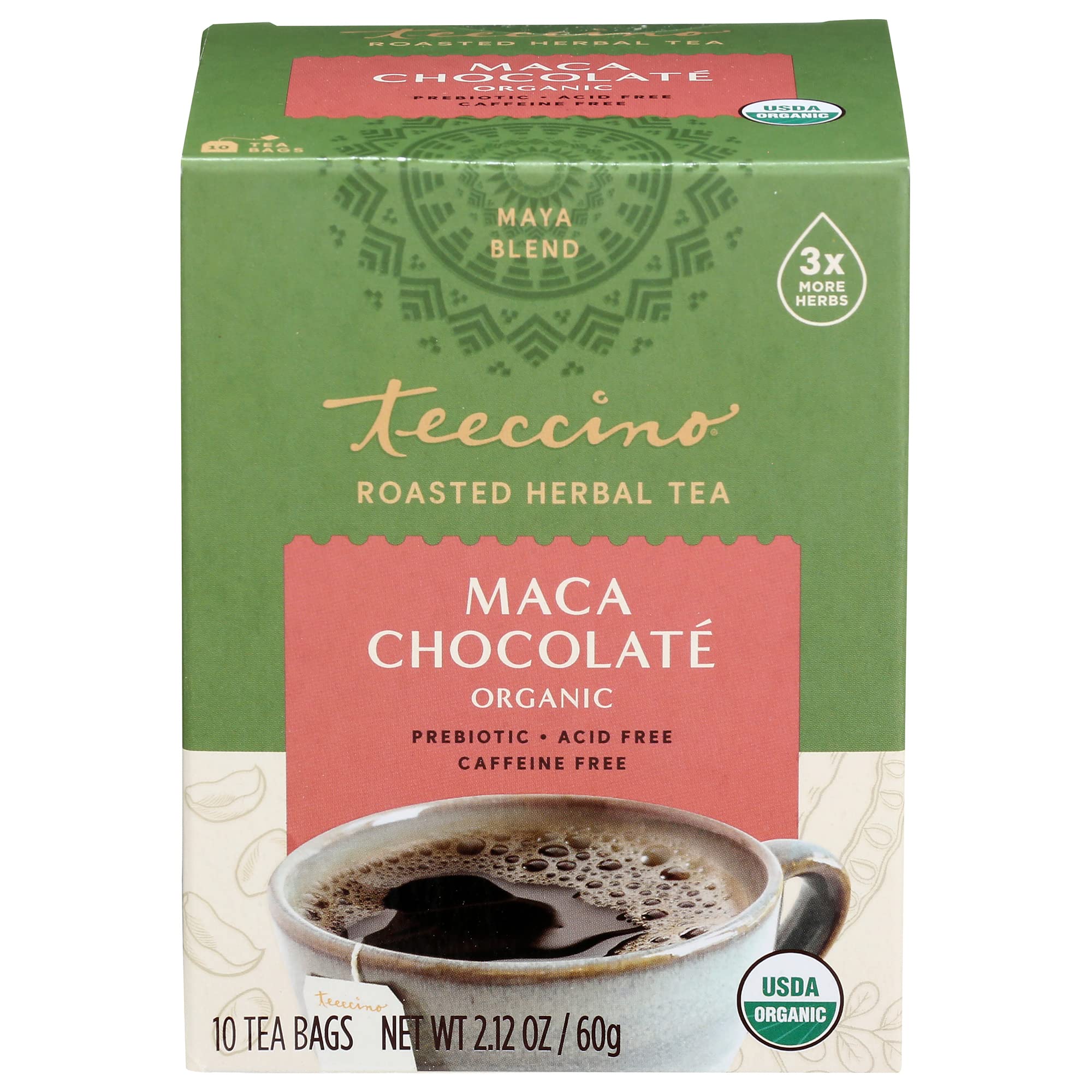Teeccino Herbal Tea – Maca Chocolaté – Caffeine Free Coffee Alternative with Adaptogenic Peruvian Maca, Cacao & Chicory – Prebiotic, Acid Free – 10 Tea Bags (Pack of 4) – Perfect for Relaxation, Digestion & Healthy Lifestyle