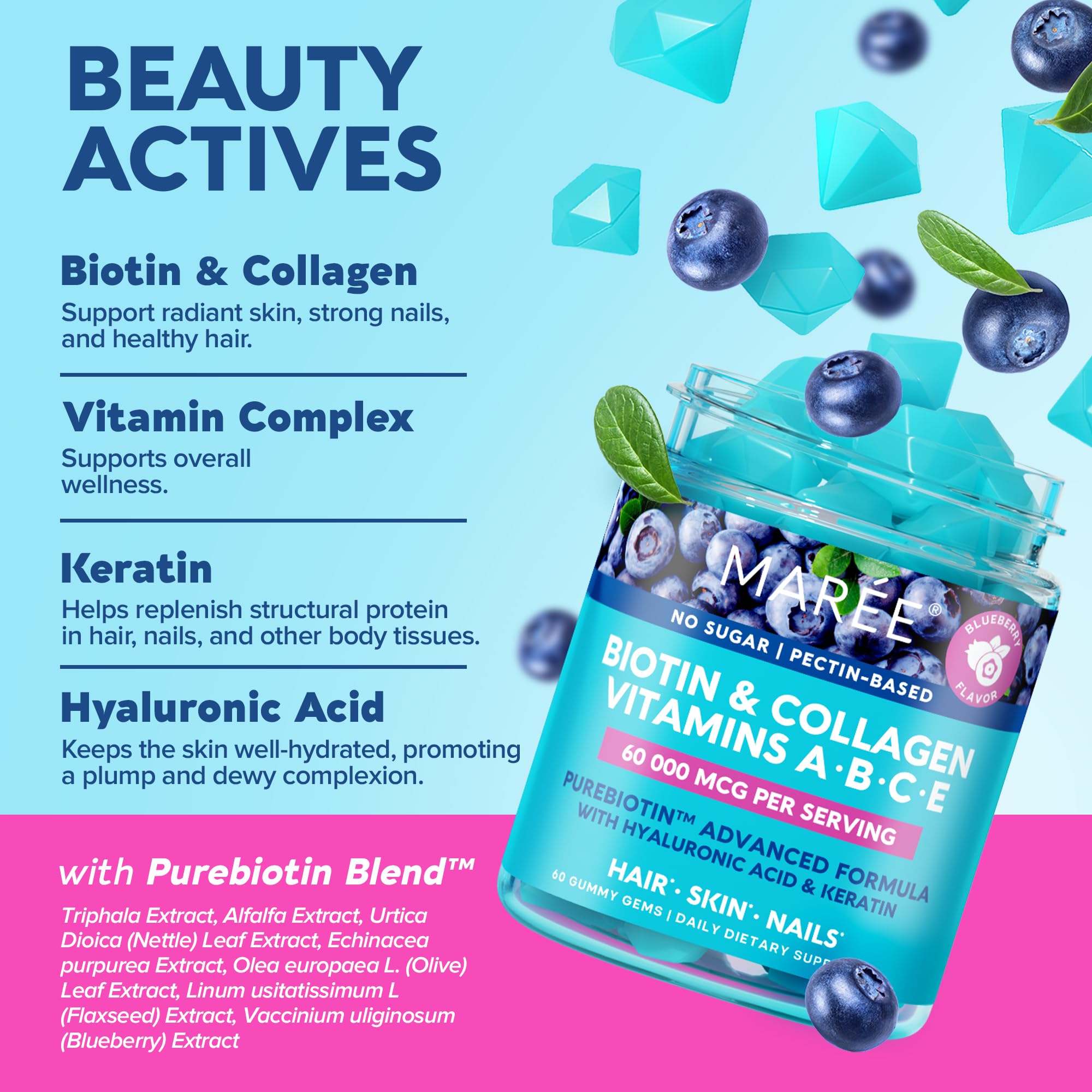 MAREE Vitamin B1 Thiamine & B7 Biotin Gummies - Hair Skin Nails Supplement with Keratin, Collagen, Hyaluronic Acid & Pantothenic Acid - Supports Healthy Hair Growth, Strong Nails & Glowing Skin - Perfect for Daily Beauty Routine & Wellness Support