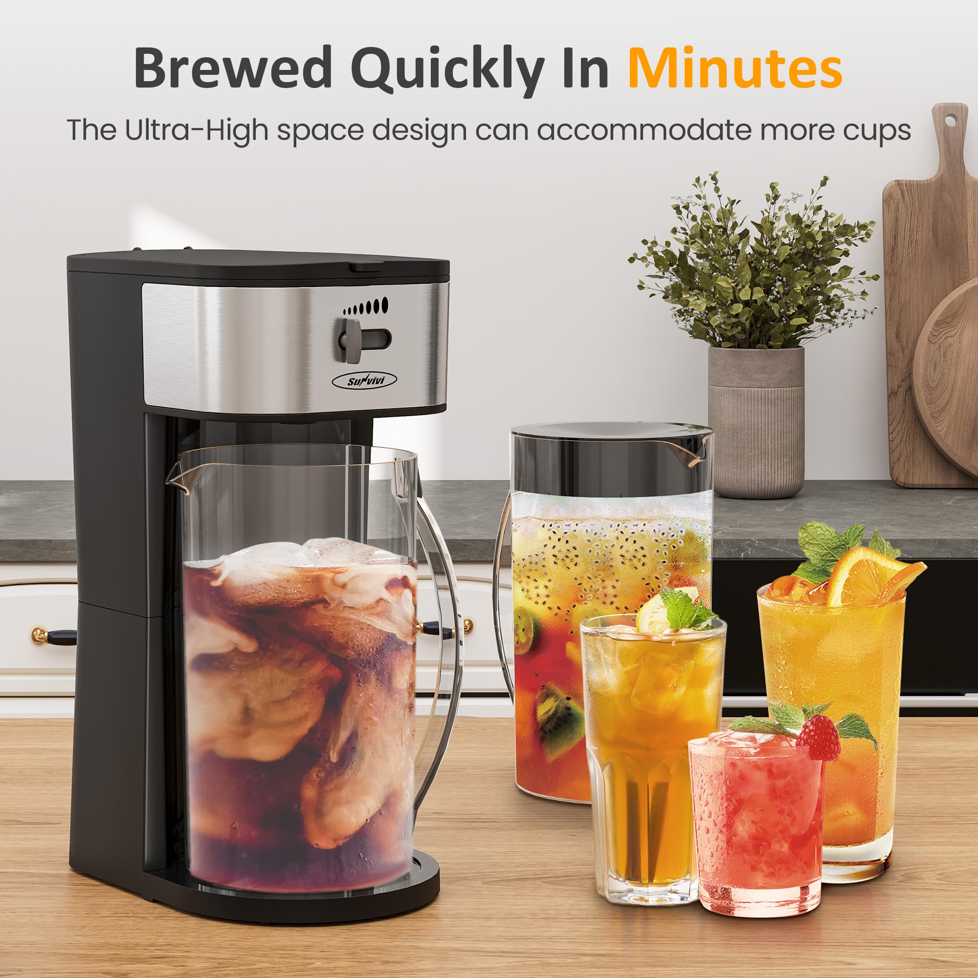 Sunvivi 3-in-1 Iced Tea & Coffee Maker with 2.5 Quart Pitcher - Strength Selector for Brewing Tea, Coffee, Lattes & Lemonade | Perfect for Home, Office & Outdoor Use