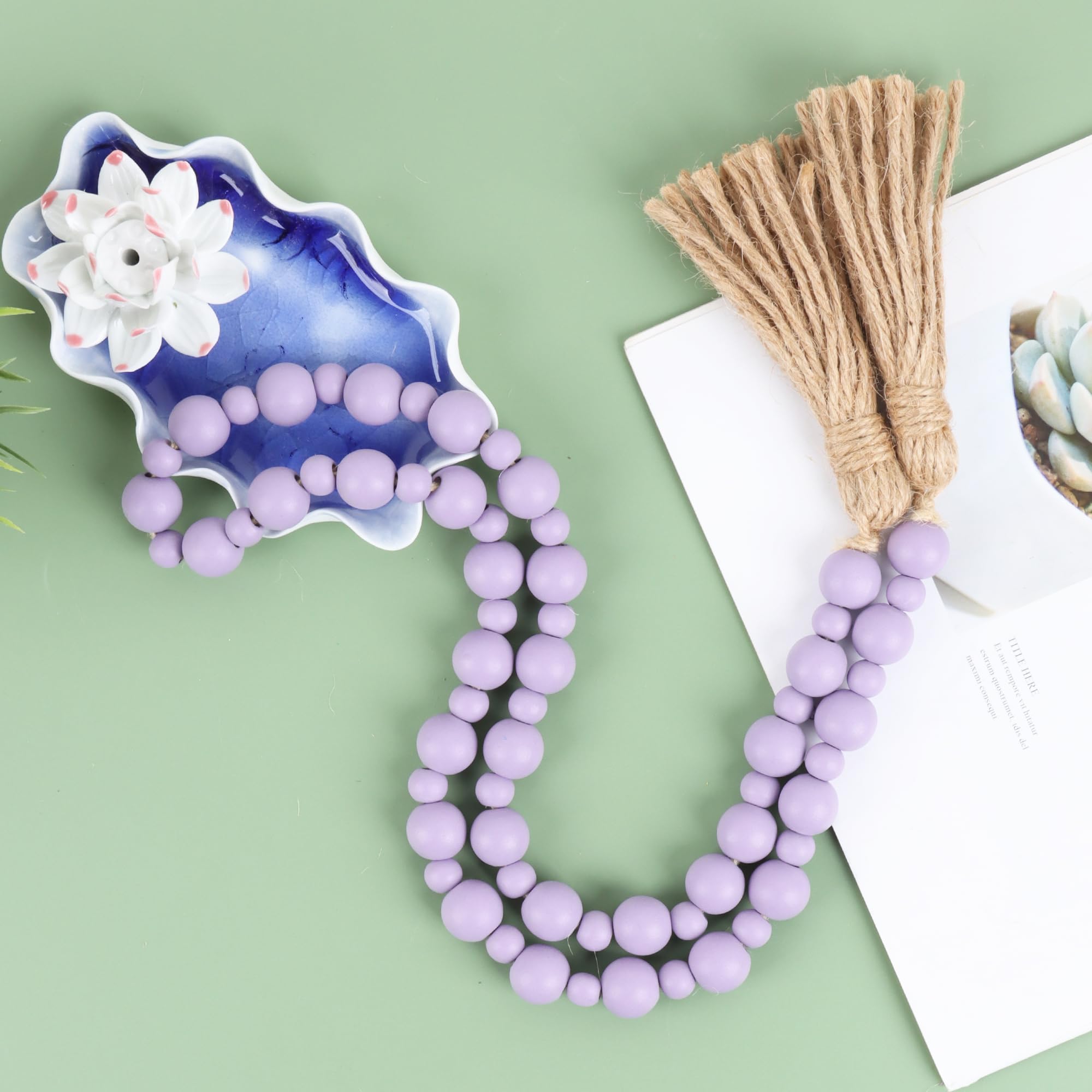 Yagoo Wood Bead Garland with Tassels - Rustic Farmhouse Decor, Boho Prayer Beads for Home, Wall & Wedding Decorations (Purple) - Perfect for Boho Bedroom, Nursery & Party Backdrops