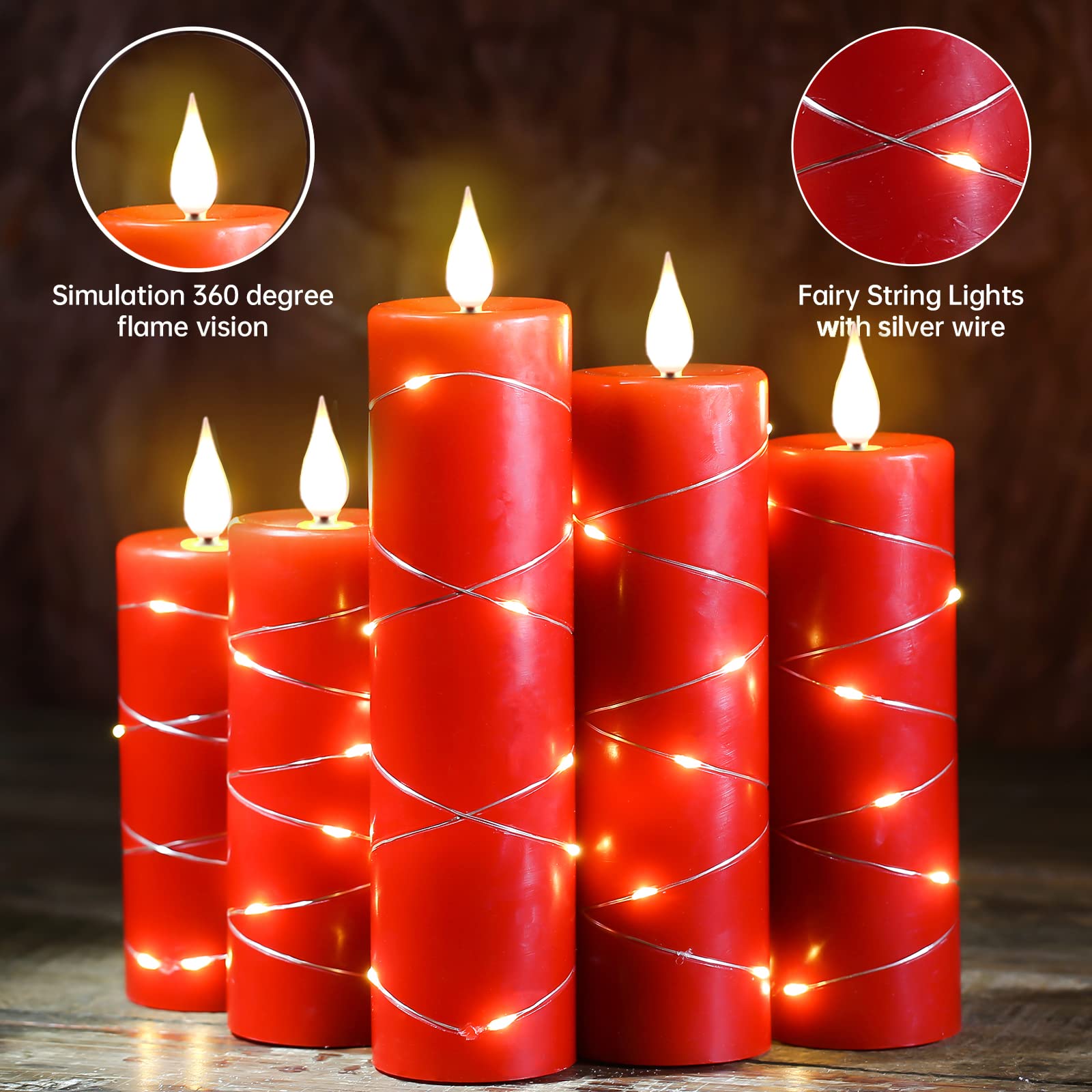 Upinmz Set of 5 Red Flameless LED Pillar Candles with Remote Control, Timer & Flickering String Lights - Battery Operated Decorative Candles for Home, Wedding, Party & Holiday Decorations