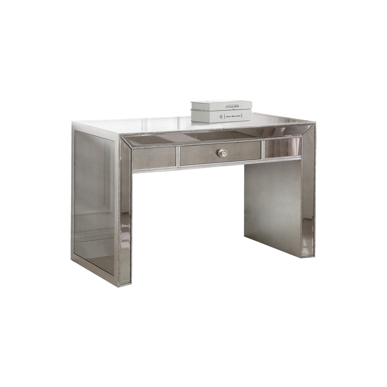 Best Master Jameson Solid Wood & Mirrored Panel Writing Desk in Antique Silver - Stylish Home Office Desk for Small Spaces & Modern Workspaces