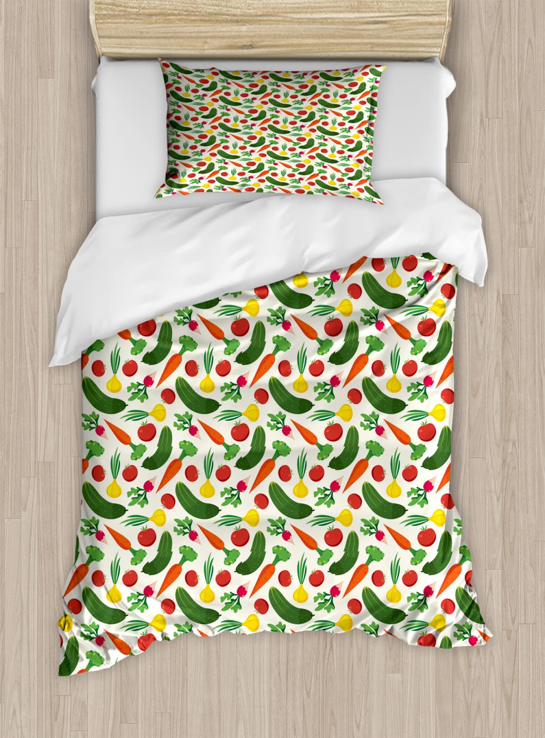 Ambesonne Vegetable Duvet Cover Set - Queen Size 2-Pack with 4 Pillowcases | Cartoon Pickle, Onion & Tomato Print on Off-White Background | Soft Bedding for Vegetarian & Kitchen-Themed Decor | Perfect for Guest Rooms, Kids' Bedrooms & Farmhouse Style Homes
