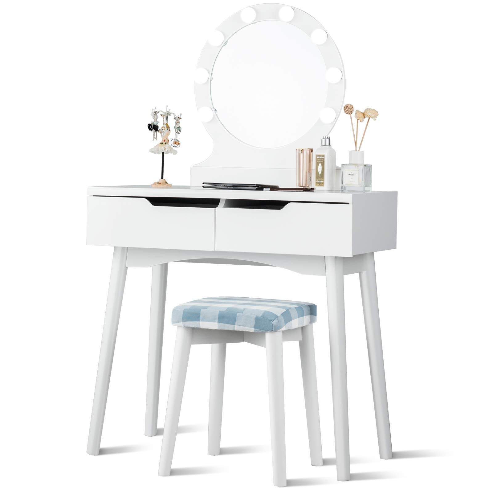 Giantex White Vanity Set with Round Lighted Mirror - Adjustable Brightness Makeup Dressing Table with 8 LED Bulbs, Cushioned Stool & 2 Sliding Drawers | Perfect for Bedroom, Dorm Room & Bridal Makeup Station