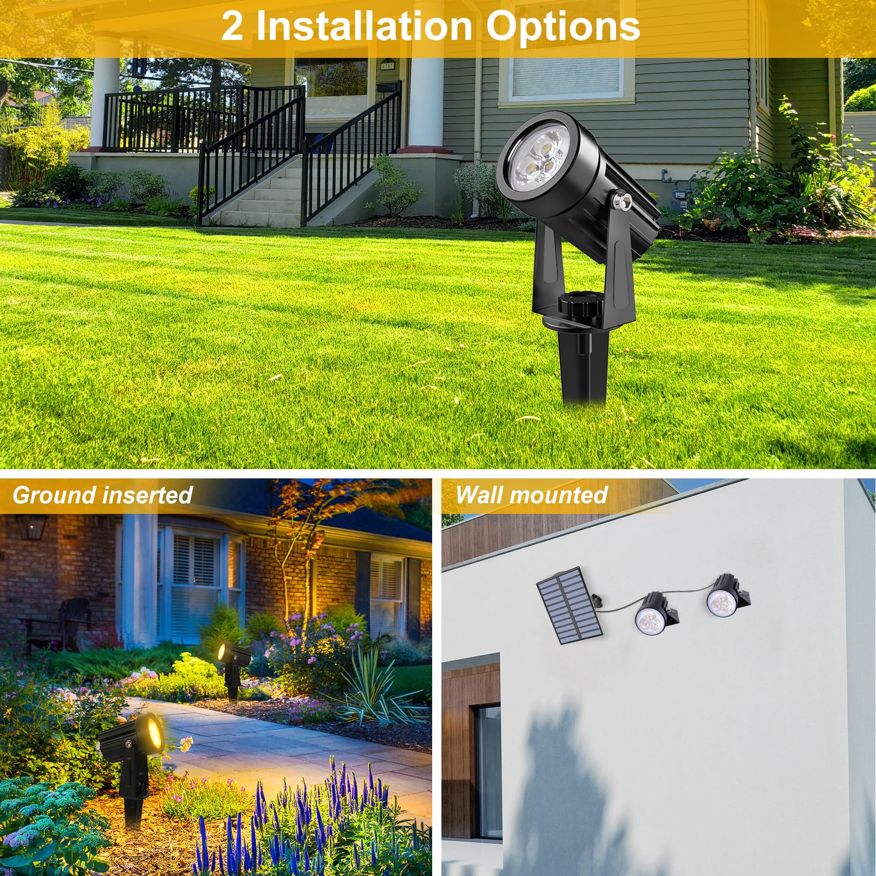 2 Pack Solar Spot Lights Outdoor, IP65 Waterproof Solar Landscape Spotlights with 9.8ft Cable, 3000K Warm White Auto On/Off Wall Lights for Garden, Yard, Driveway, Porch, Walkway, Pool - Perfect for Pathway Lighting, Landscape Accents & Nighttime Safety