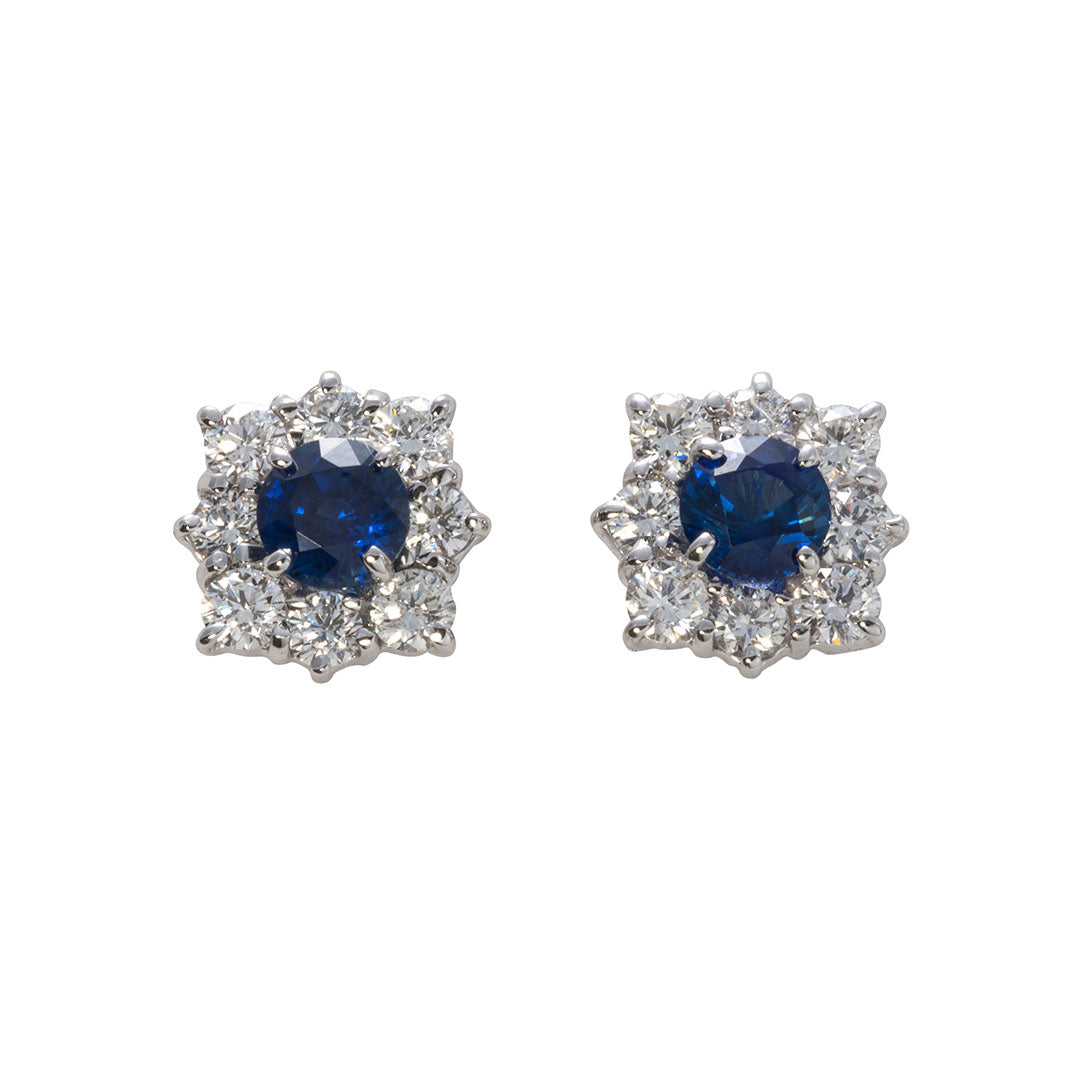 18K Gold Round Sapphire & Diamond Cluster Stud Earrings for Women - Elegant Jewelry Gift for Birthday, Anniversary & Special Occasions