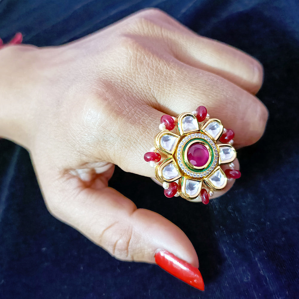Exquisite Designer Gold Plated Royal Kundan & Ruby Beaded Ring (Design 111) - Perfect for Weddings, Parties & Special Occasions