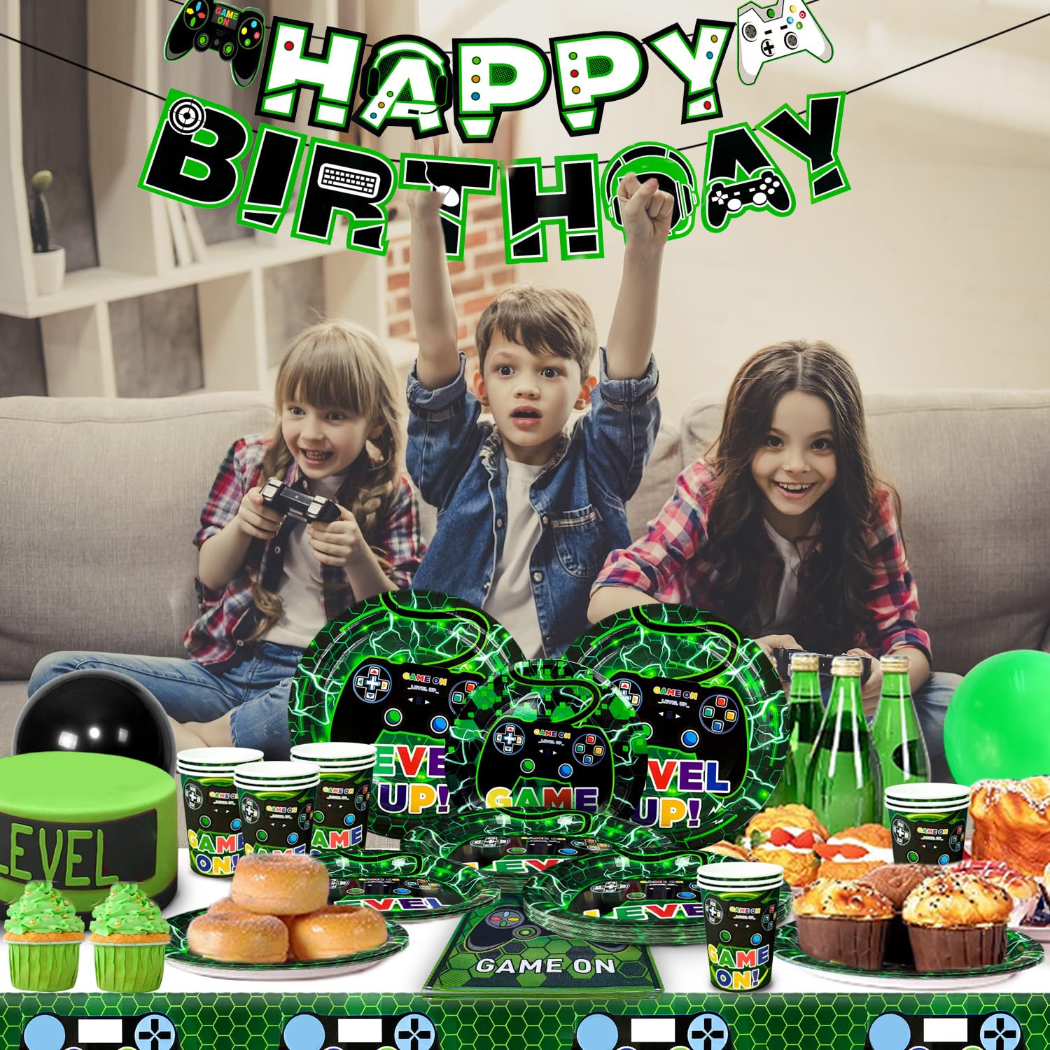 Video Game Party Supplies Set - 16pc Gamer Birthday Decorations Kit with Plates, Cups, Napkins, Tablecloth & Banner for Gaming Themed Parties - Perfect for Kids & Adults Birthday Celebrations, Game Nights & Esports Events