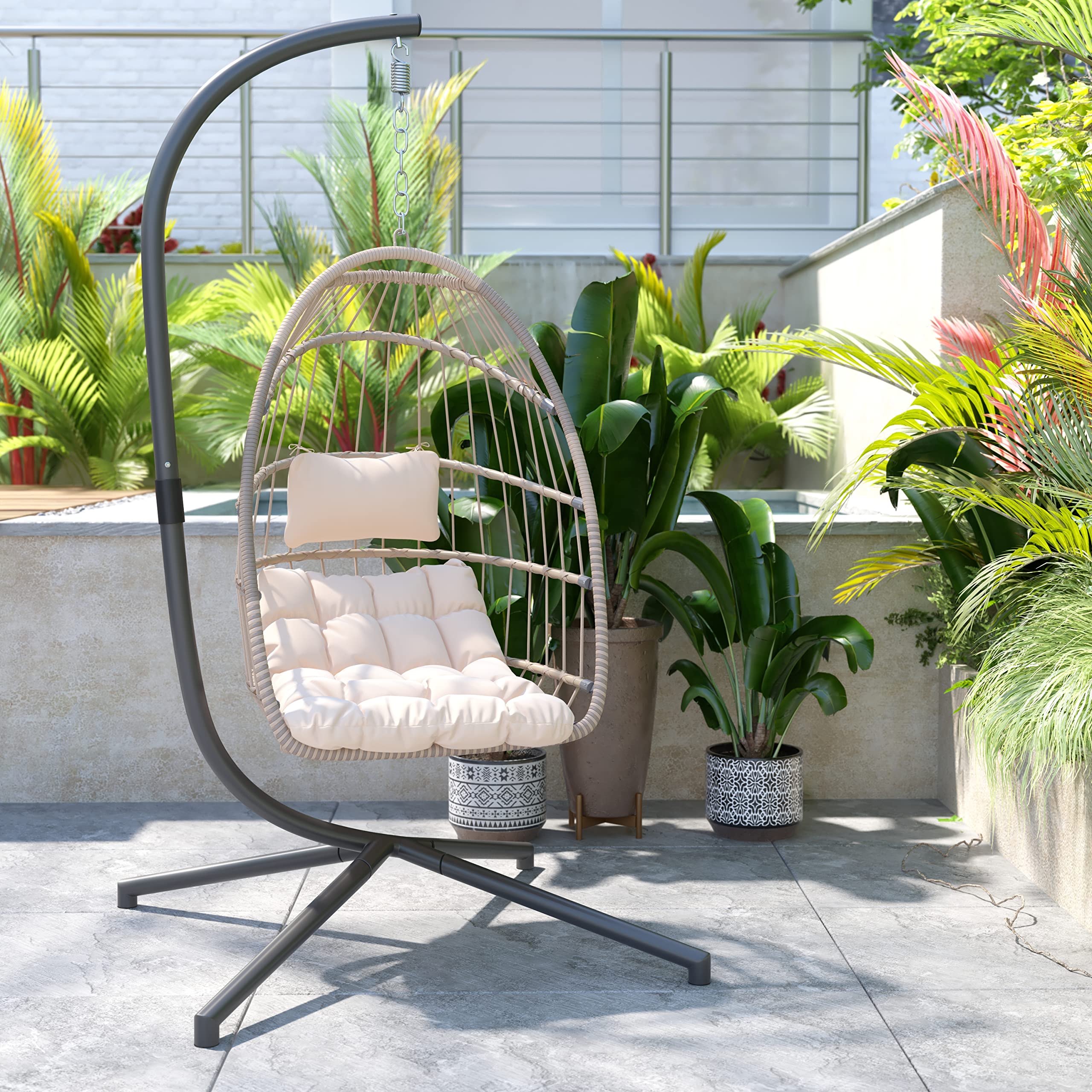 Merrick Lane Riley Hanging Egg Chair - Foldable Natural Woven Rattan Frame with Removable Cream Cushion & Included Stand - Perfect for Patio, Garden, Balcony or Living Room Relaxation