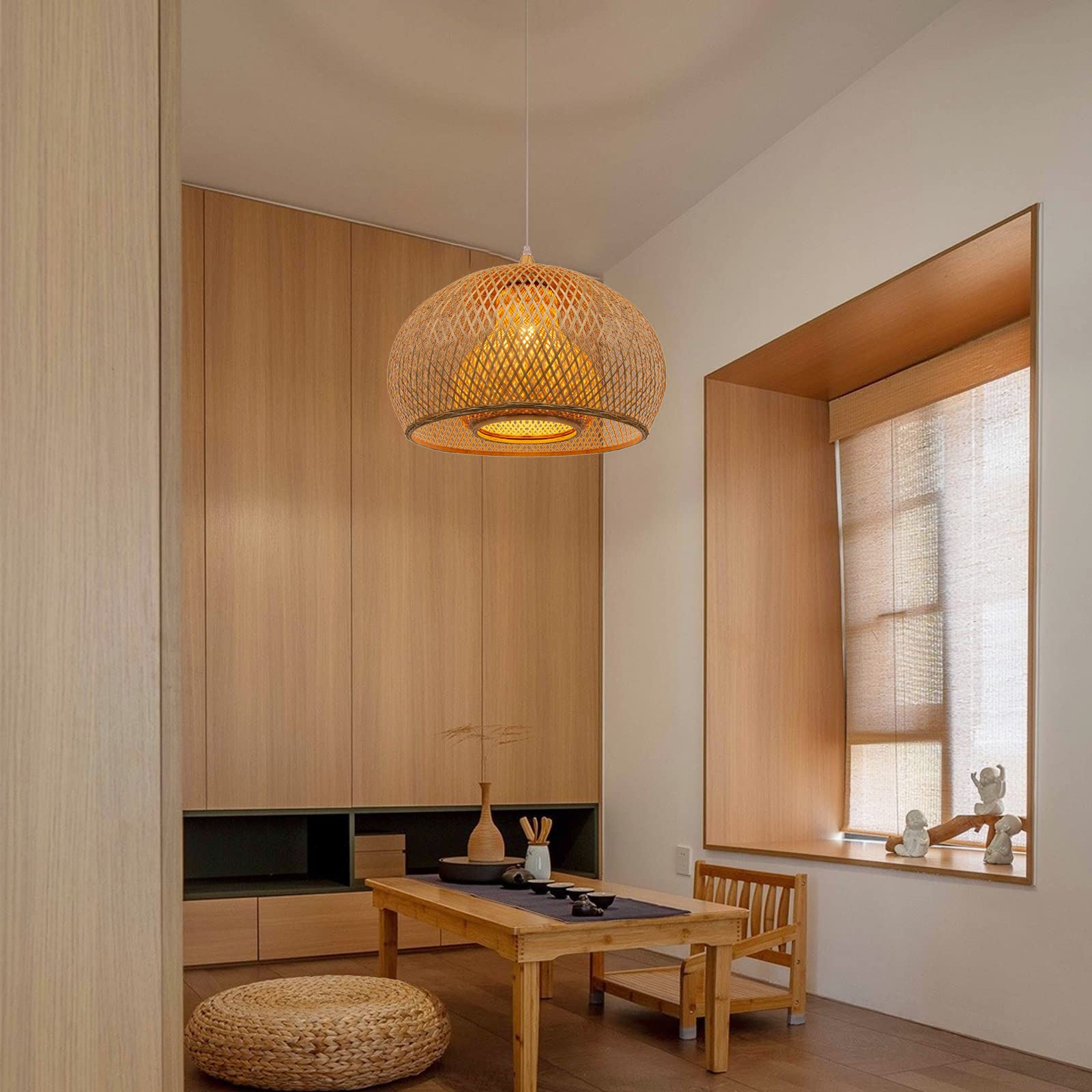 Handwoven Bamboo Pendant Light Fixture - Natural Wood Chandelier with Wicker Lampshade, 17.7x11.8 Inch Hanging Lamp for Bedroom, Living Room & Dining Room Decor - Perfect for Boho, Farmhouse and Coastal Style Interiors