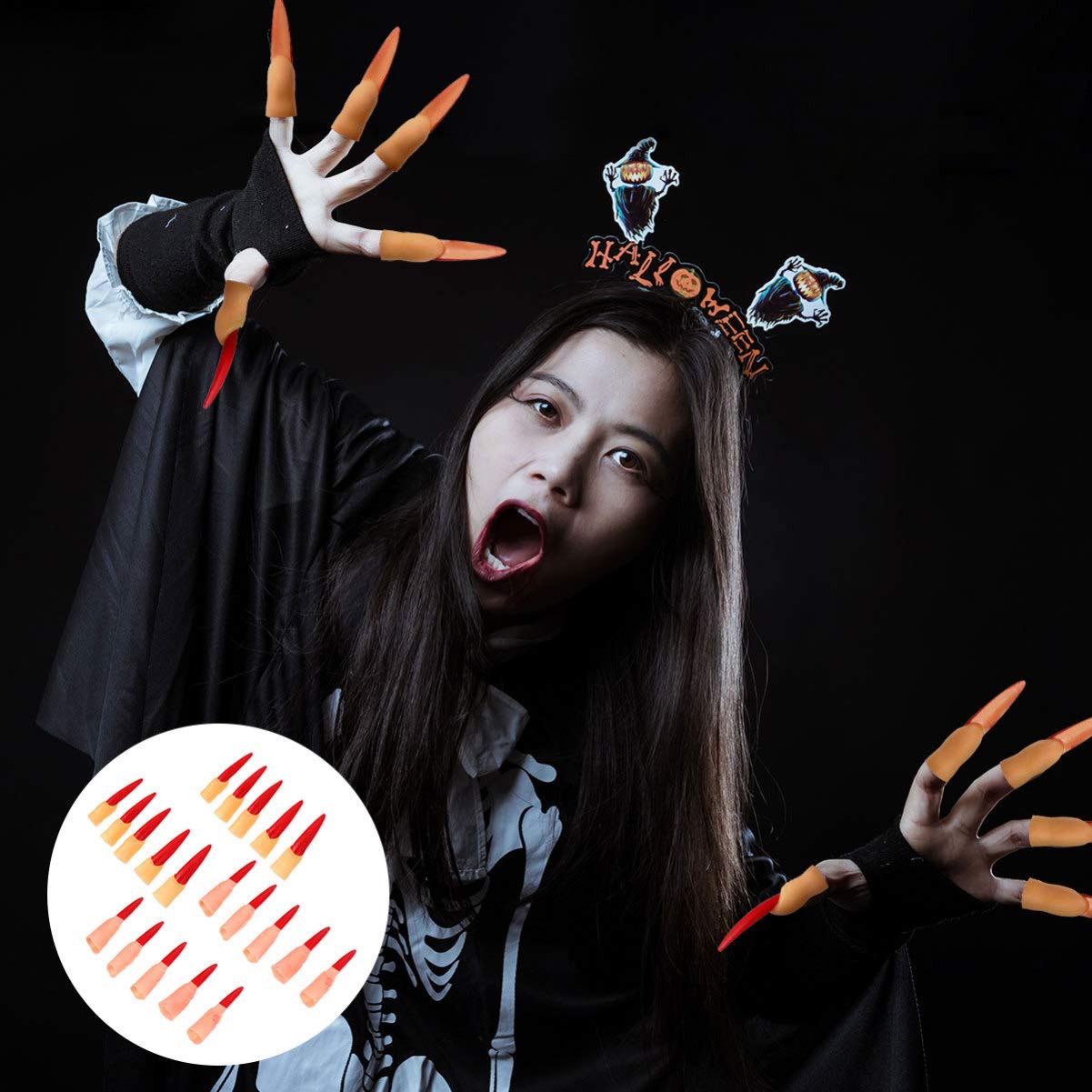 LALAFINA 60 Pcs Fake Witch Fingers - Scary Vampire & Zombie Nail Covers for Halloween Costume, Role Play, Nail Art & Party Decor (Red Plastic Finger Cots) - Perfect for Cosplay, Haunted Houses & Themed Events