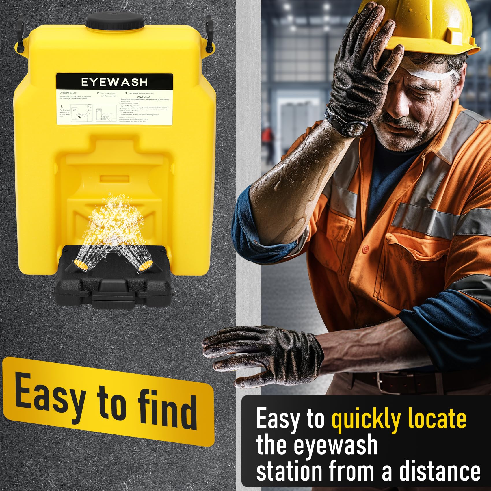 15 Gallon OSHA-Approved Portable Emergency Eyewash Station - ANSI Certified Wall Mounted First Aid Unit with Dual Spray (20 Minute Flow) - Ideal for Laboratories, Construction Sites & Industrial Workplaces