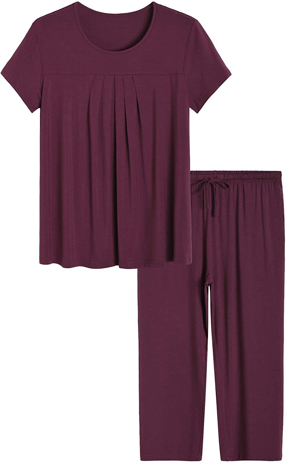 Soft & Breathable Women's Bamboo Pajama Set - Pleated Top & Capri Pants for Comfortable Sleep & Lounge Wear - Perfect for Nighttime Relaxation, Spa Days & Cozy Evenings at Home