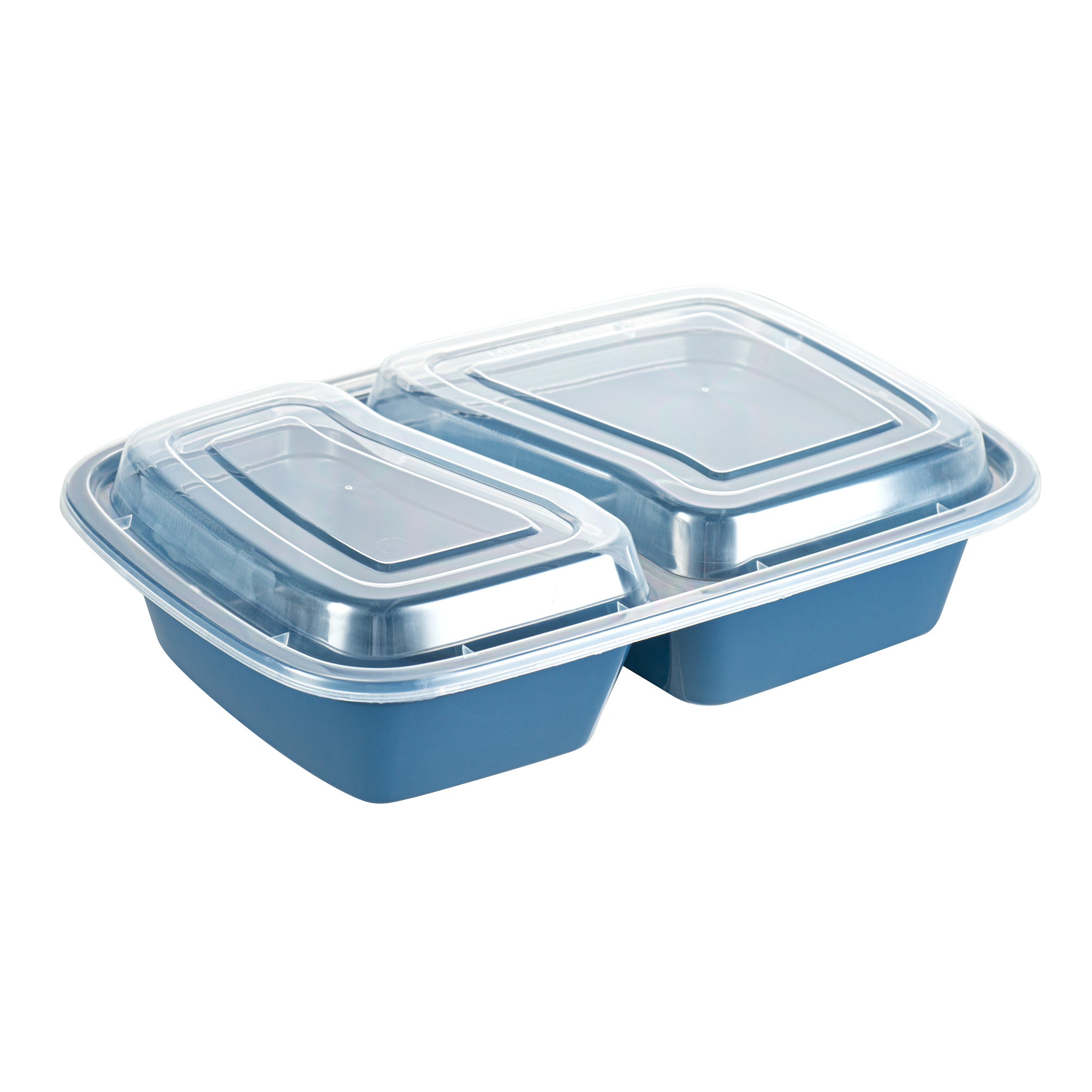 32 oz Midnight Blue Plastic 2-Compartment Food Storage Containers with Clear Lids - Microwave Safe, 8.75
