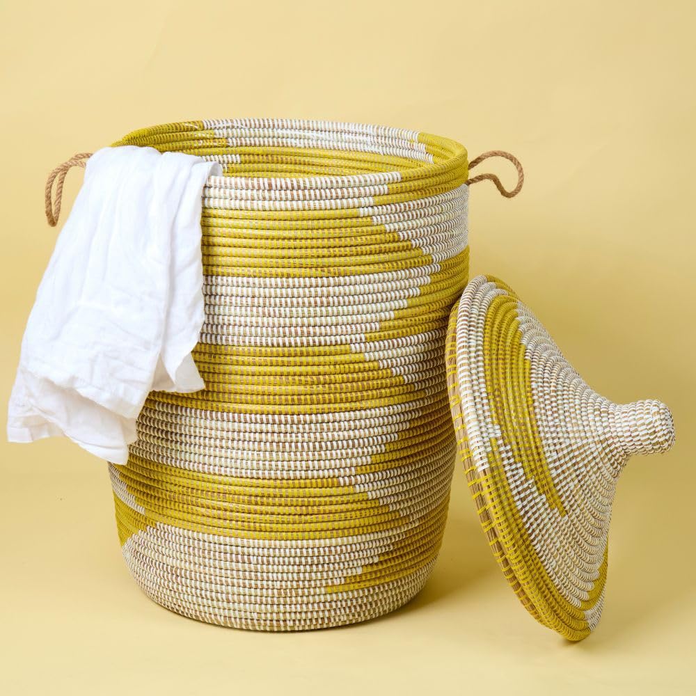 Large Handwoven Storage Basket with Hooded Lid - Yellow & White | Perfect for Home Organization, Laundry, Toys, and Blankets