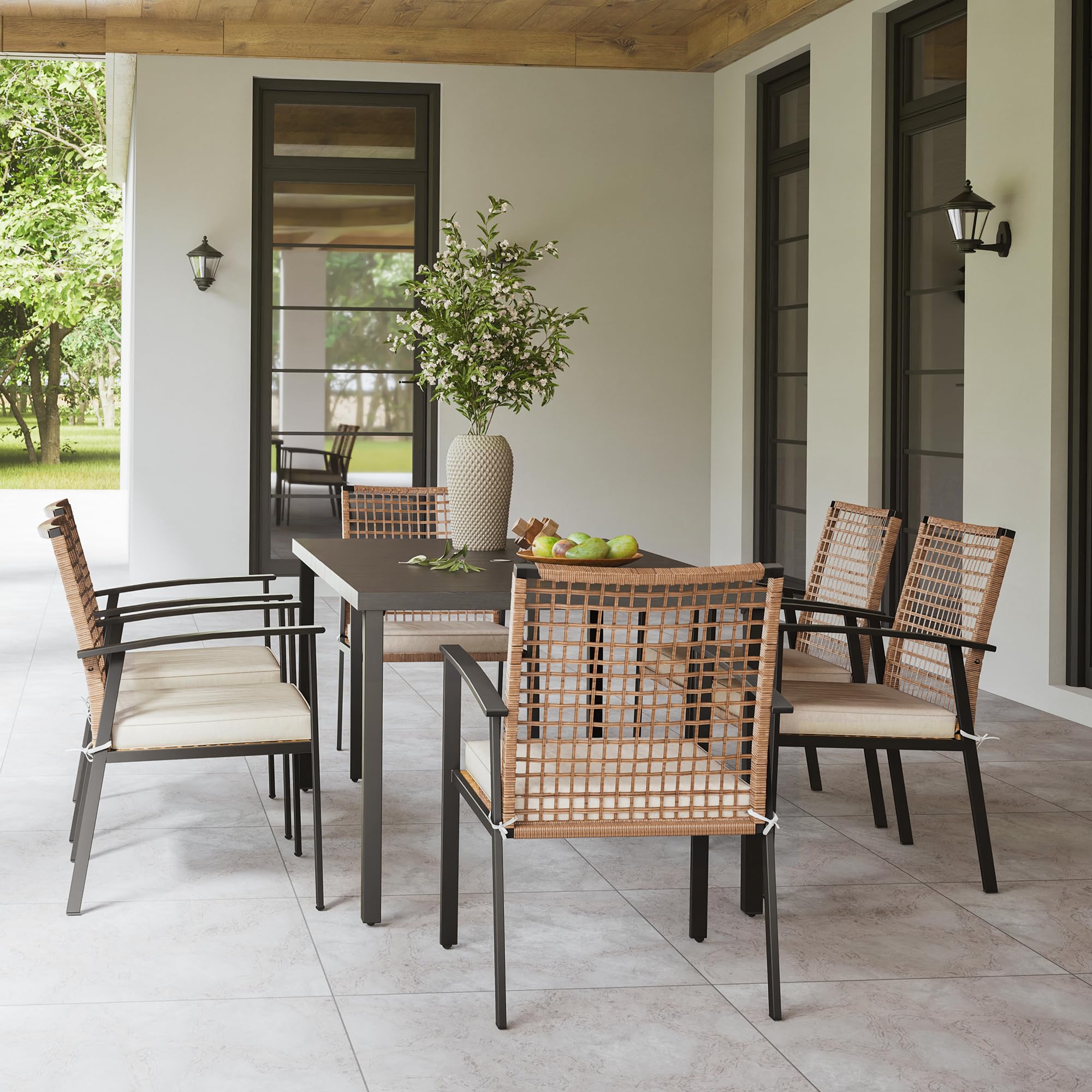 LAUSAINT HOME 7-Piece Patio Dining Set - Outdoor Furniture with 6 Chairs & Iron Table (Umbrella Hole) - Weather-Resistant Backyard, Garden, Poolside Conversation Set for Relaxing & Entertaining