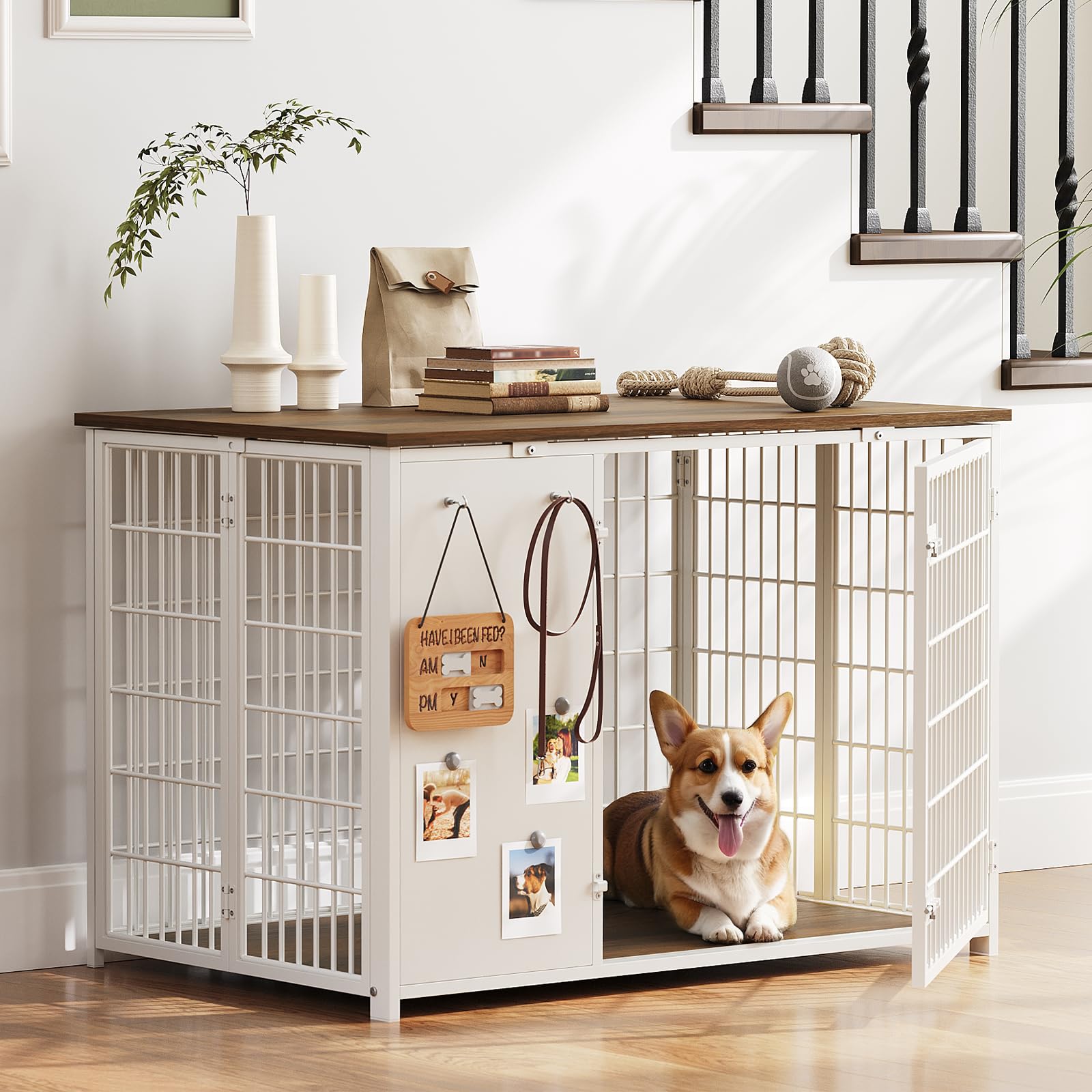 Foldable Dog Crate Furniture - Heavy Duty Wooden Dog Kennel with DIY Frame & Hooks - Indoor Dog Cage End Table for Small & Medium Dogs (White/Walnut) - Perfect for Living Rooms, Bedrooms & Pet-Friendly Spaces