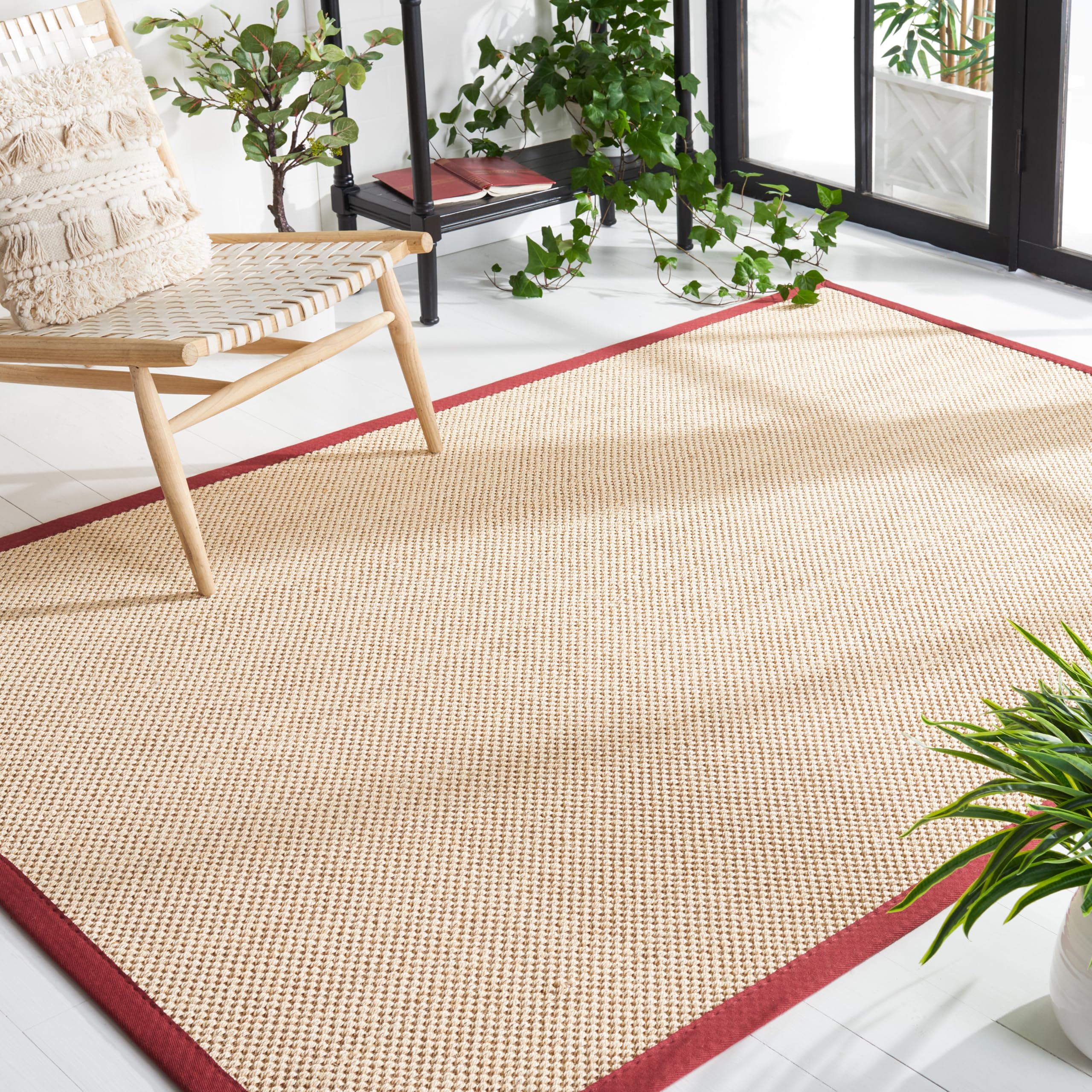 SAFAVIEH Natural Fiber Collection 5' x 8' Area Rug - Maize & Burgundy Border Sisal Design, Easy Care, Non-Slip, Durable for High Traffic Areas | Perfect for Living Room, Bedroom, Office & Entryway (NF141D)