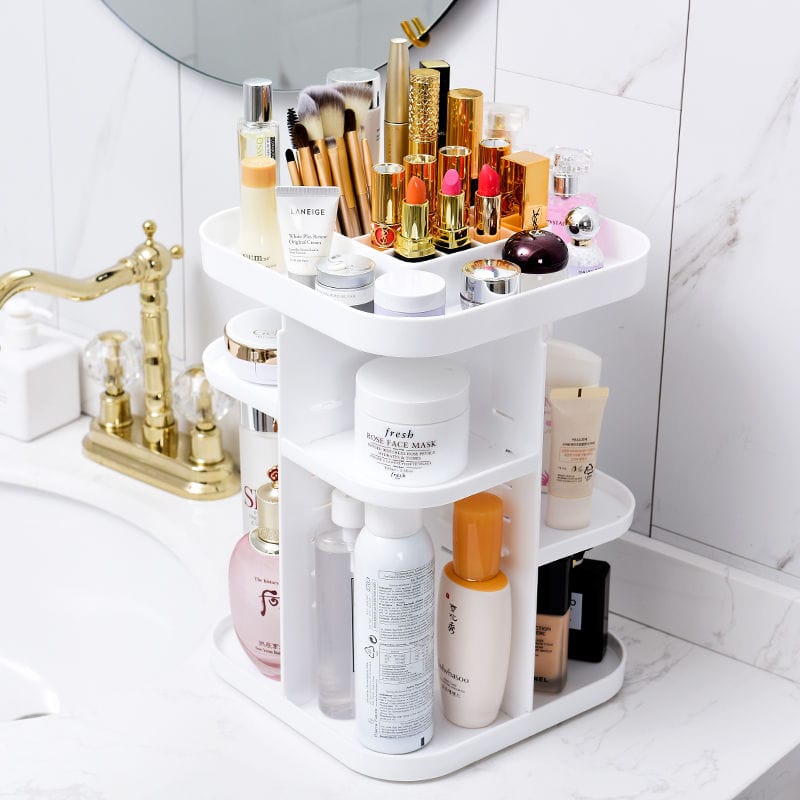 360° Rotating Large Capacity Makeup Organizer with Mirror - Cosmetic Storage for Bedroom, Bathroom & Vanity | Perfect for Organizing Lipsticks, Brushes & Skincare Products (White)