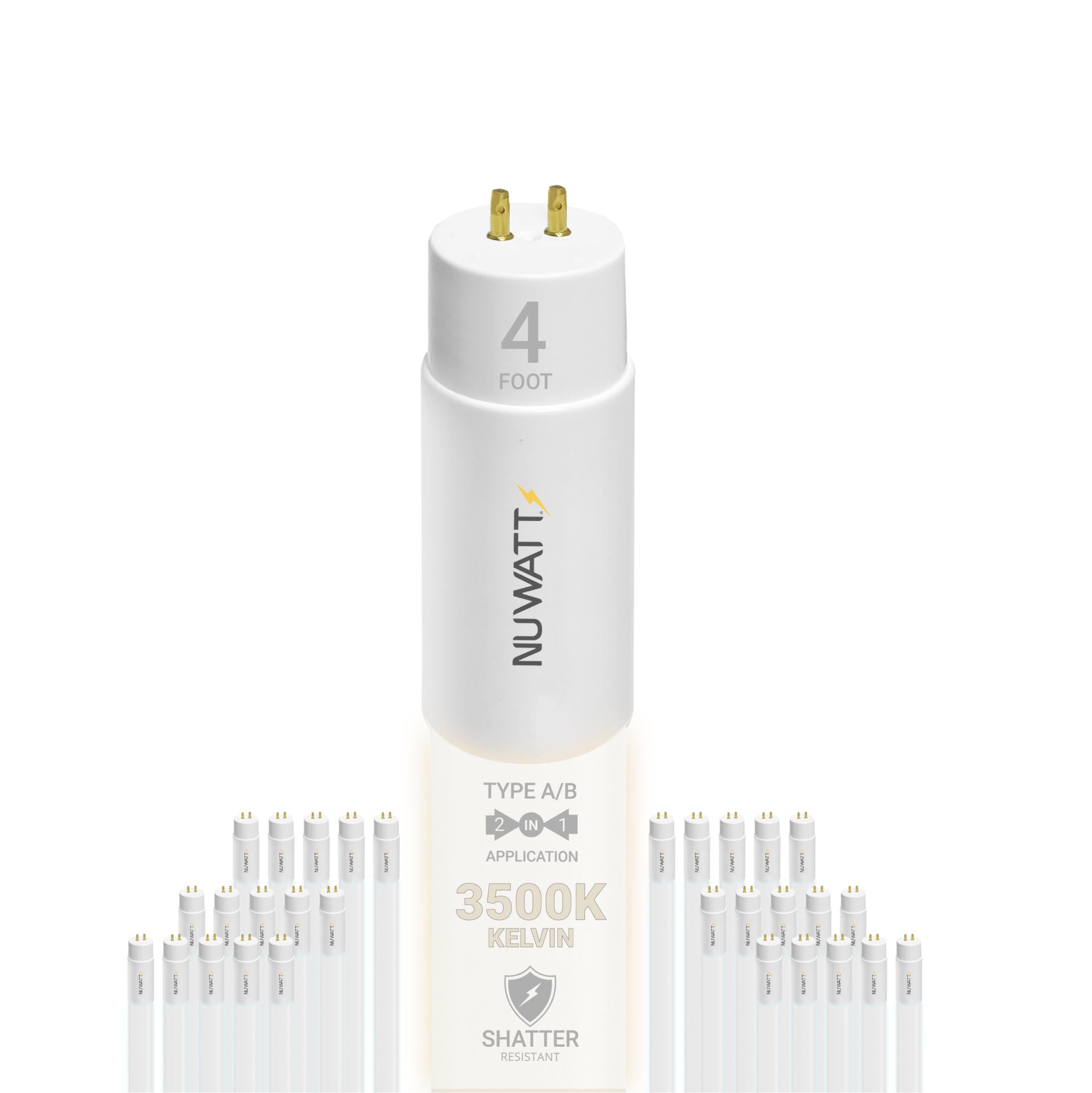 NuWatt 30 Pack 4FT LED T8 Tube Lights - T10 T12 Hybrid Type A+B, 18W 2200 Lumens, 3500K Neutral White, Plug & Play or Ballast Bypass - Fluorescent Replacement for Office, Garage, Warehouse & Retail Lighting