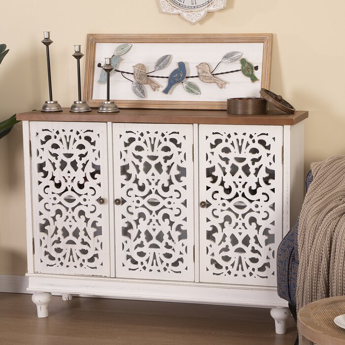 Hand Carved Tall Three Door Accent Cabinet - Solid Wood Storage Furniture for Living Room, Bedroom & Entryway | Vintage Style Home Decor Organizer for Books, Blankets & Display Items