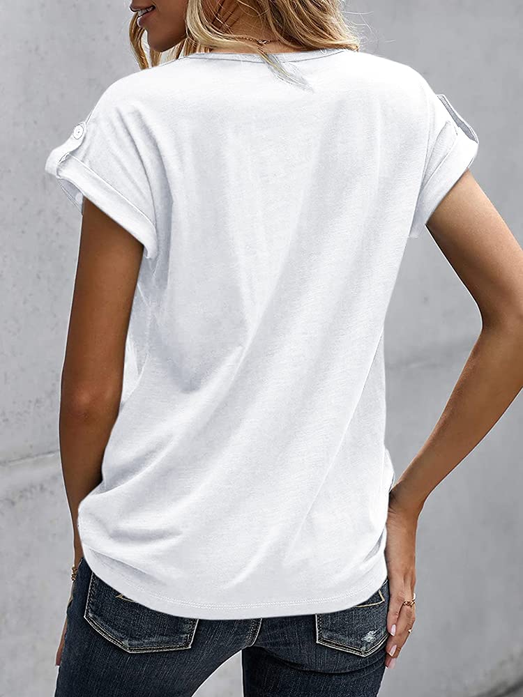 Women's V-Neck Short Sleeve Henley T-Shirts - Summer Button Up Casual Blouse with Rolled Sleeves | Loose Fit Solid Color Tops for Everyday Wear, Beach Outings & Weekend Outfits