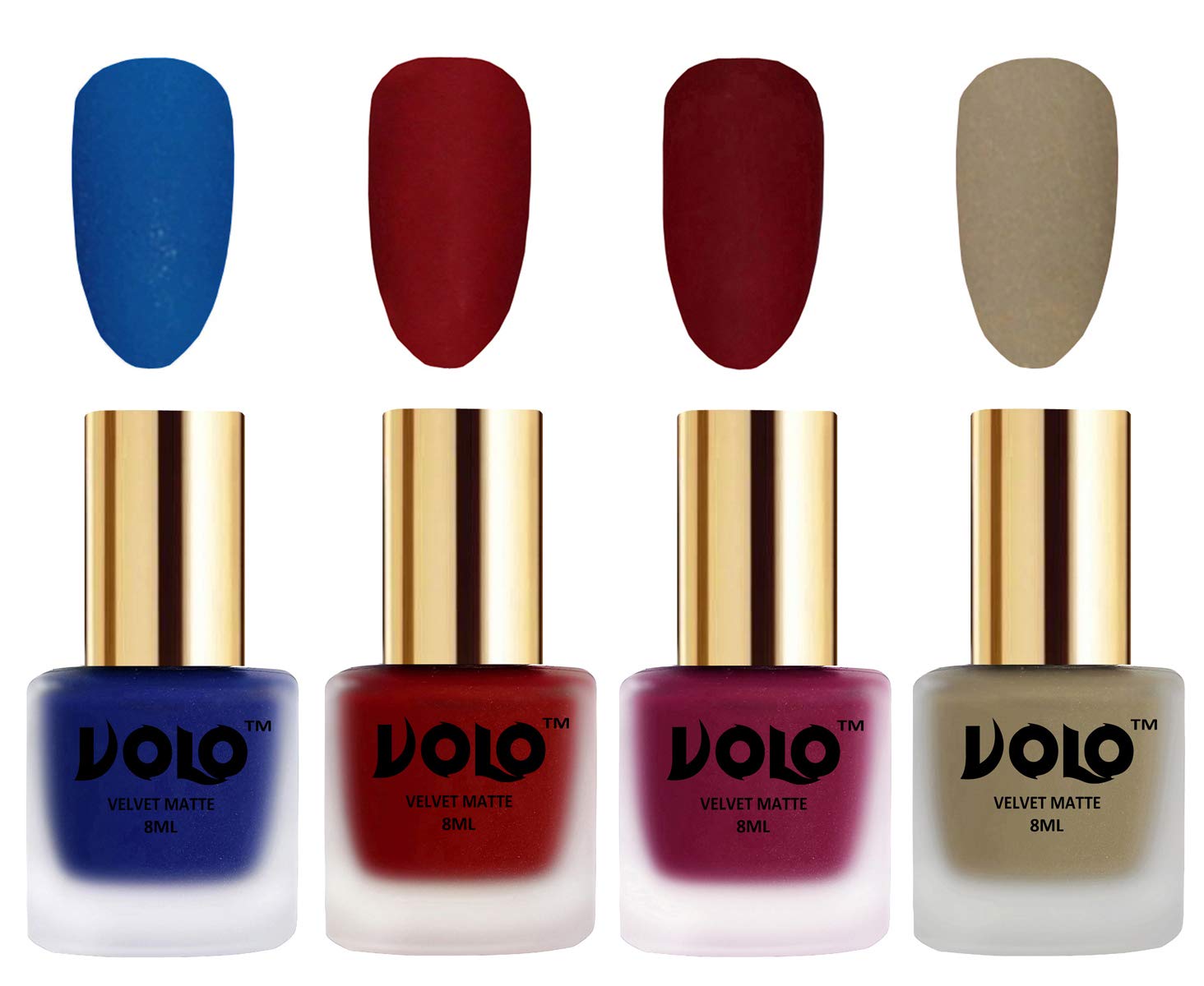 Volo Velvet Matte Nail Polish Set - 4 Colors (Blue, Tomato Red, Carrot Red, Sand Nude) 32ml Each | Long-Lasting Party & Evening Wear Nail Polish for Women | Perfect for Weddings, Date Nights & Special Occasions
