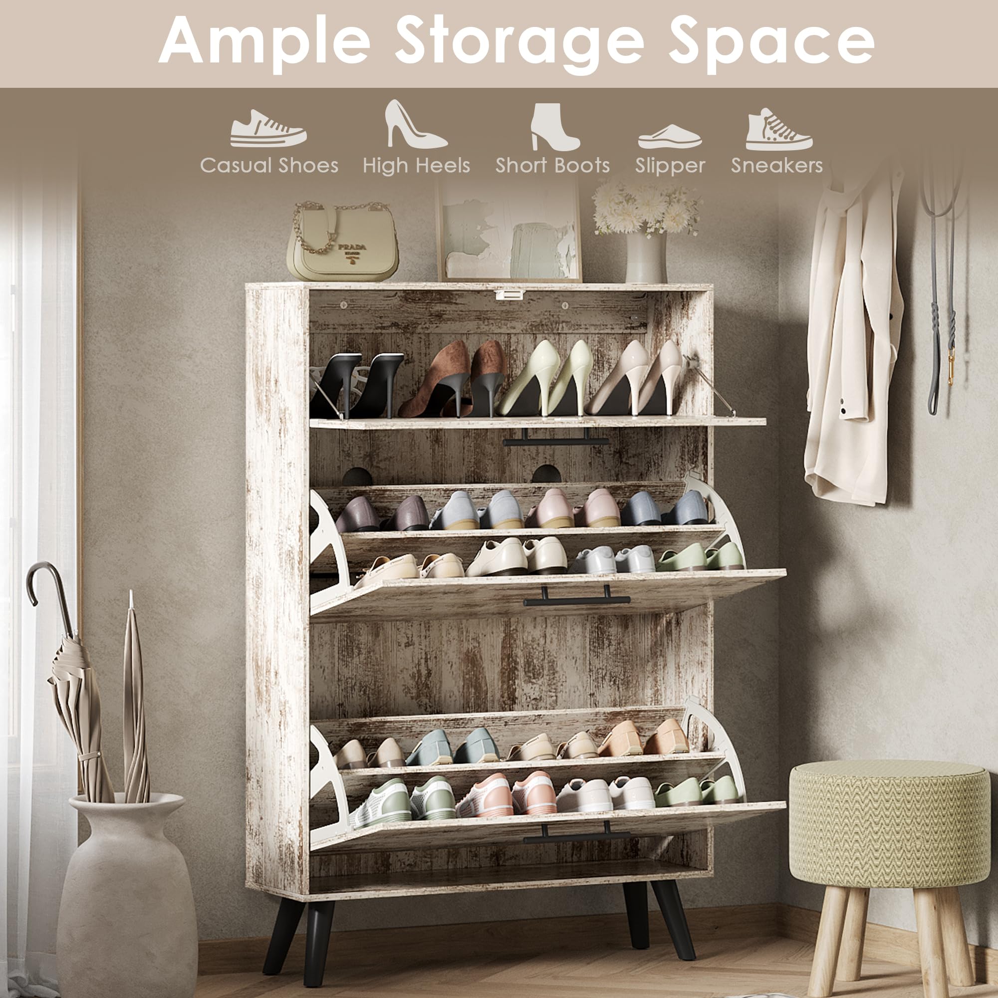 MU White Shoe Cabinet Storage for Entryway - 2 Flip Drawers Shoe Organizer, Hidden Slim Enclosed Shoe Rack | Perfect for Small Spaces, Apartments & Closet Organization