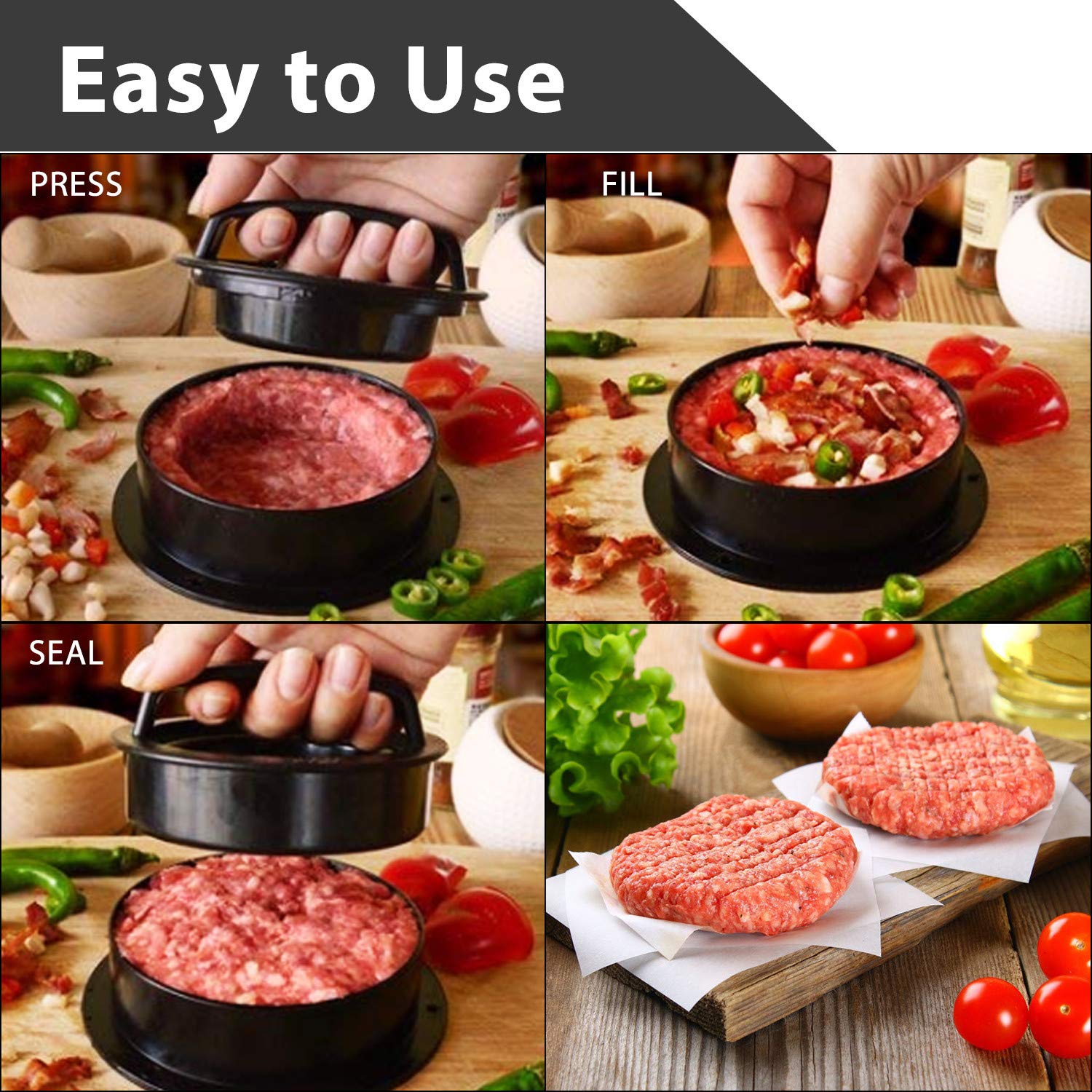 3-in-1 Non-Stick Hamburger Patty Press Maker with 100 Wax Papers - Perfect Burger Shaper for Grilling, BBQ, and Home Cooking - Ideal for Backyard Parties, Camping, and Family Gatherings