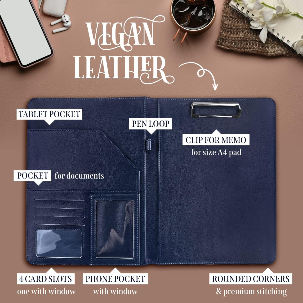 Premium Leather Portfolio Binder with Daily Planner - Professional Padfolio Organizer for Women & Men - Ideal for Business Meetings, Interviews, and Office Use