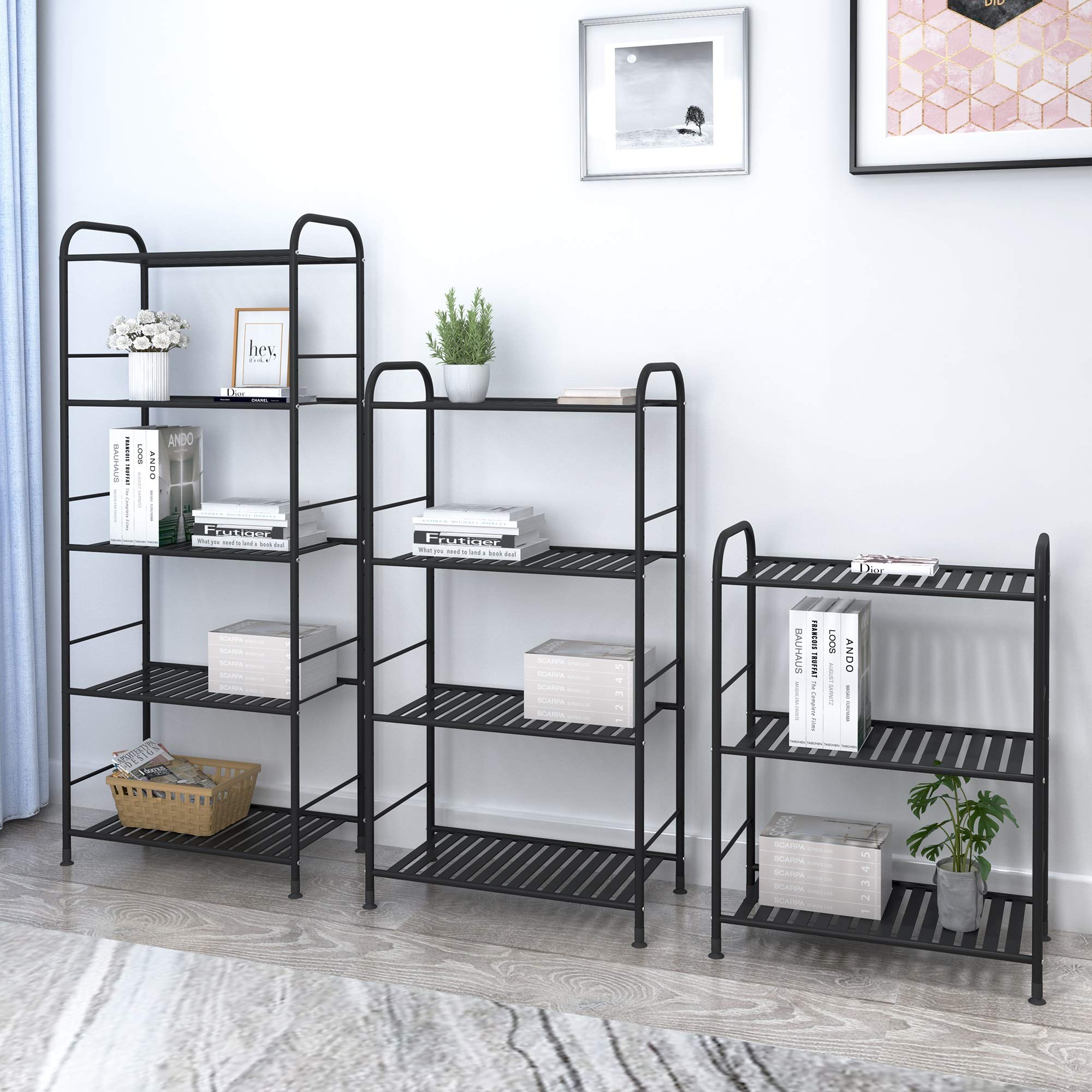JSB 3-Tier Adjustable Metal Shelf Unit - Heavy Duty Storage Rack Organizer for Kitchen, Bathroom, Living Room & Laundry - Space Saving Corner Shelf (Black) - Perfect for Pantry Organization & Home Storage Solutions