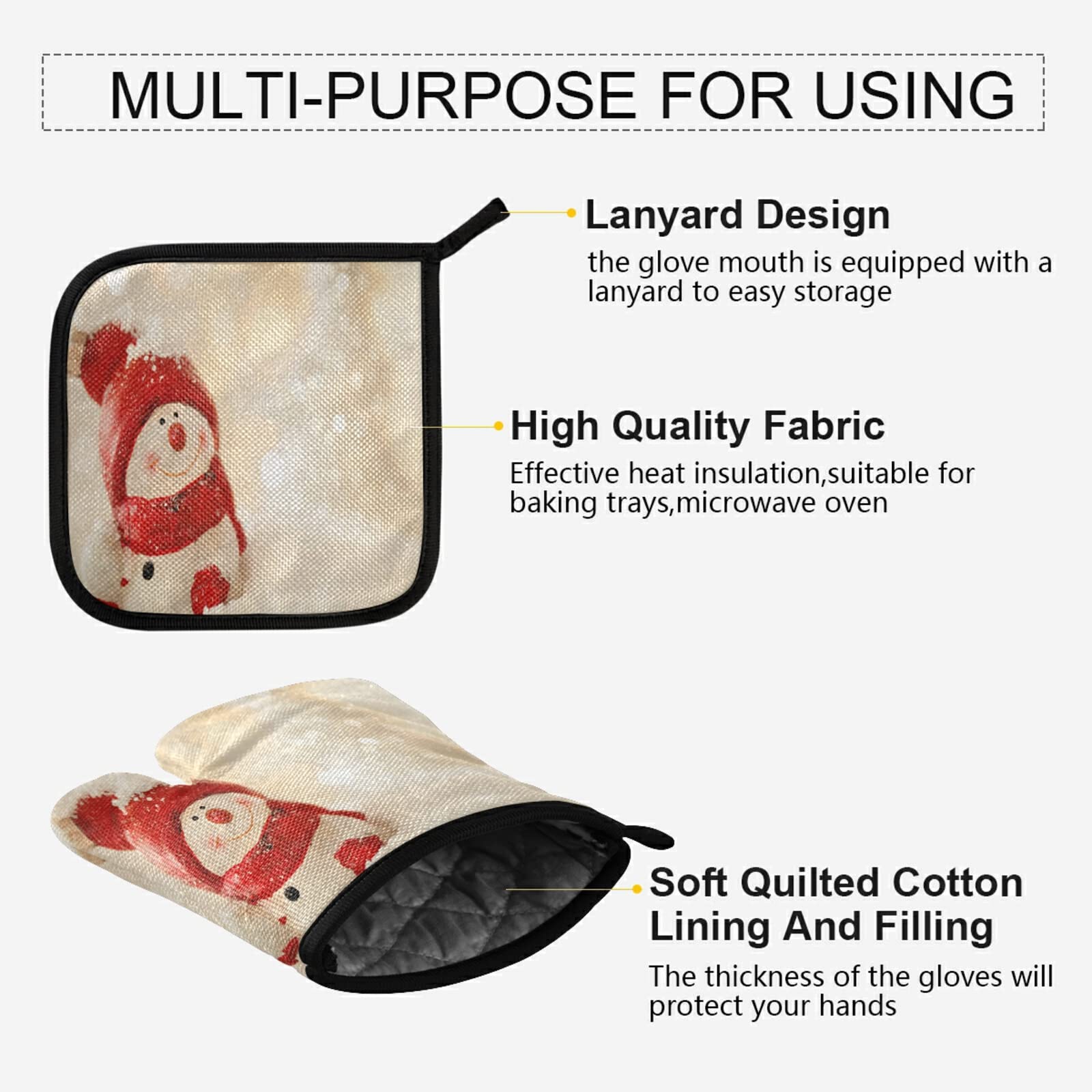QUGRL Christmas Snowman Oven Mitts & Pot Holders Set - Heat Resistant Kitchen Gloves for Baking, Cooking & BBQ - Festive Winter Holiday Decor for Home & Kitchen