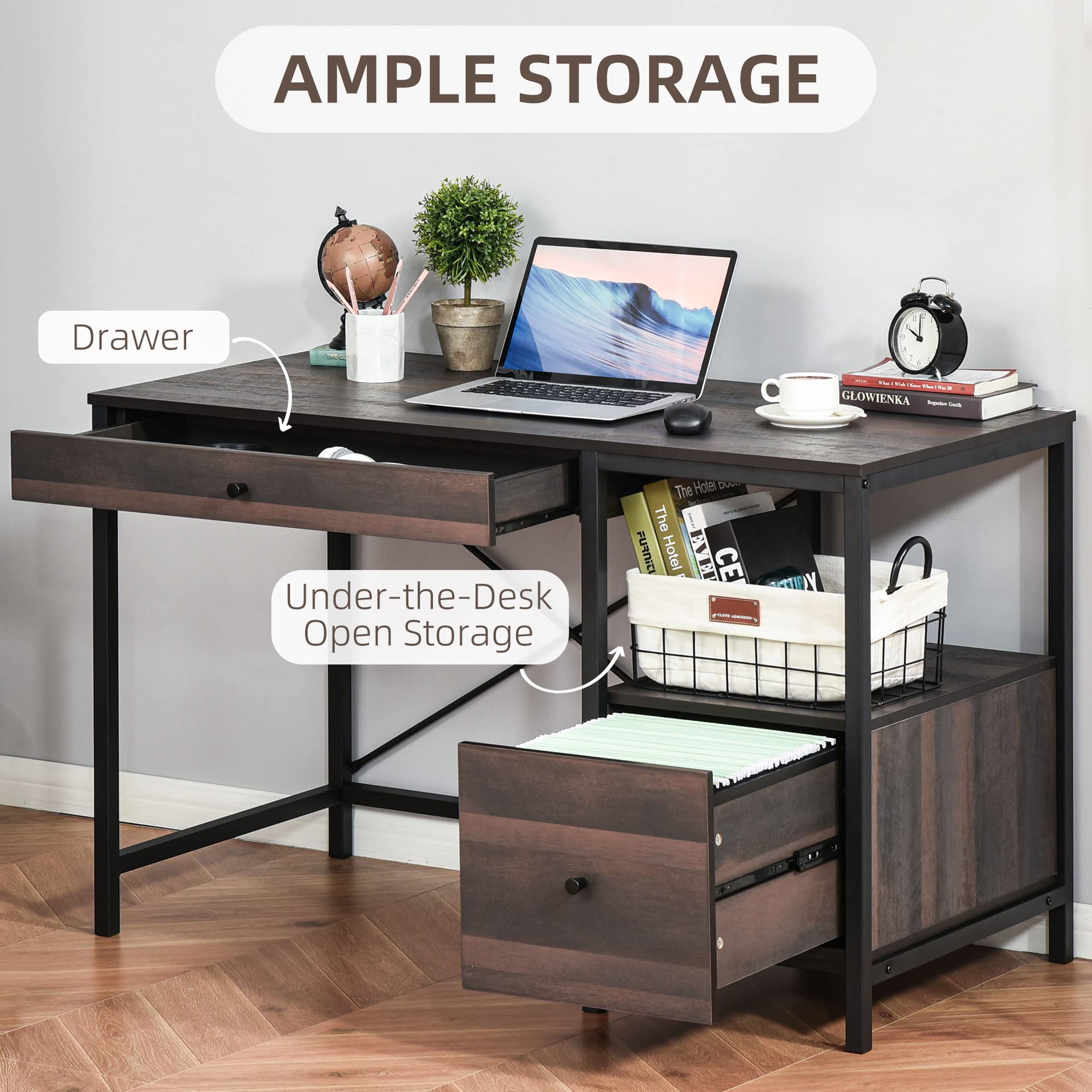 HOMCOM Industrial Style Home Office Desk with Filing Cabinet Storage Drawer for Letter Size Papers - Steel Frame Black/Walnut Computer Desk for Small Spaces, Home Office & Study Room