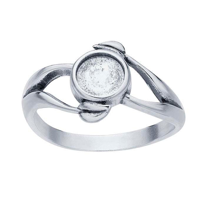 6mm Sterling Silver Leaf Accent Split Shank Round Cabochon Ring Mounting - Size 7 to 8 | Blank Cabochon Setting for Jewelry Making | Perfect for DIY Rings, Pendants & Custom Designs